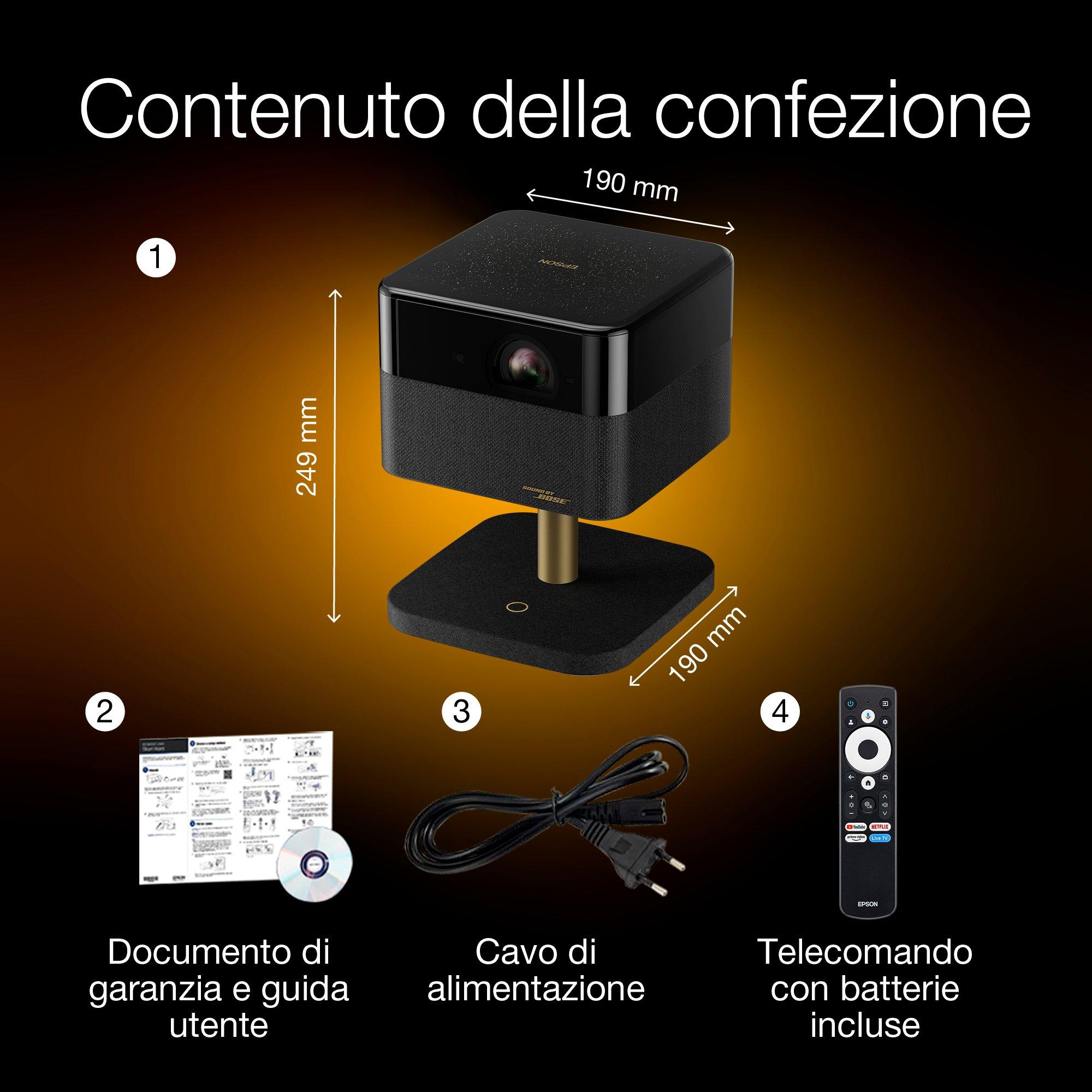 Epson Lifestudio Flex Special Lux Edition – EF-73 Nero notte, videoproiettore smart portatile, Sound by Bose, Google TV, 4K Pro UHD, ricarica wireless mobile, uso interno/esterno, garanzia di 5 anni* whats in the box
