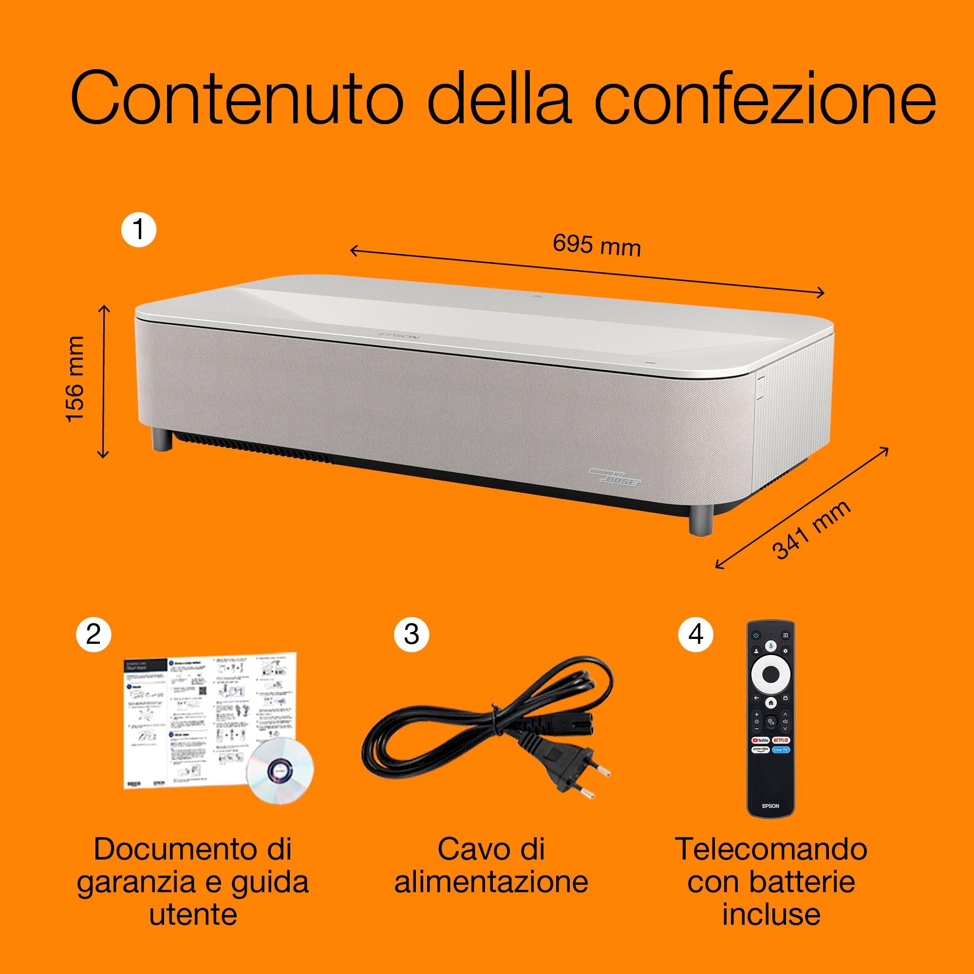 Epson Lifestudio Grand Plus EH-LS970W, Diamond White, videoproiettore laser intelligente a ottica ultracorta, Home Cinema con risoluzione 4K, Sound by Bose, Google TV whats in the box
