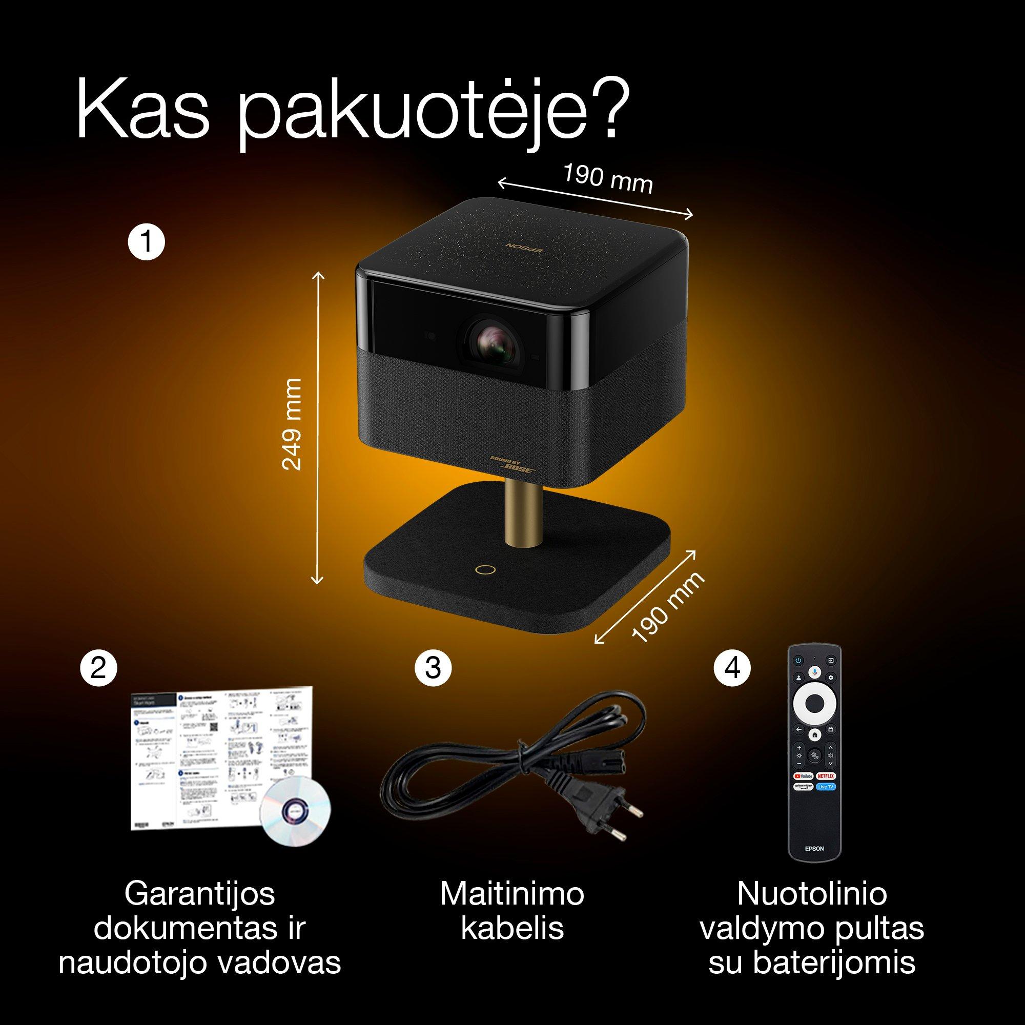 „Epson Lifestudio Flex Special Lux Edition“ – EF-73 tamsiai juodas, nešiojamas išmanusis projektorius, „Sound by Bose“ garso sistema, „Google TV“, „4K Pro UHD“, mobilusis belaidis įkrovimas, naudojimas patalpoje / lauke, 5 metų garantija* whats in the box