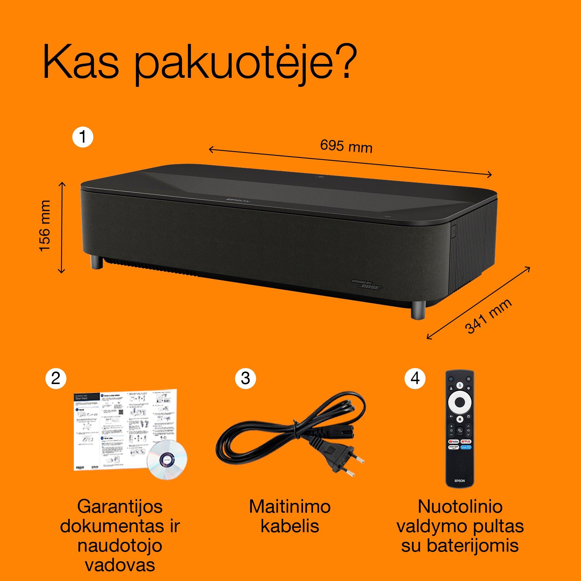 „Epson Lifestudio Grand Plus EH-LS970B“, metalinė juoda, itin mažo atstumo išmanusis lazerinis projektorius,  4K namų kino raiška, „Sound by Bose“, „Google TV“ whats in the box
