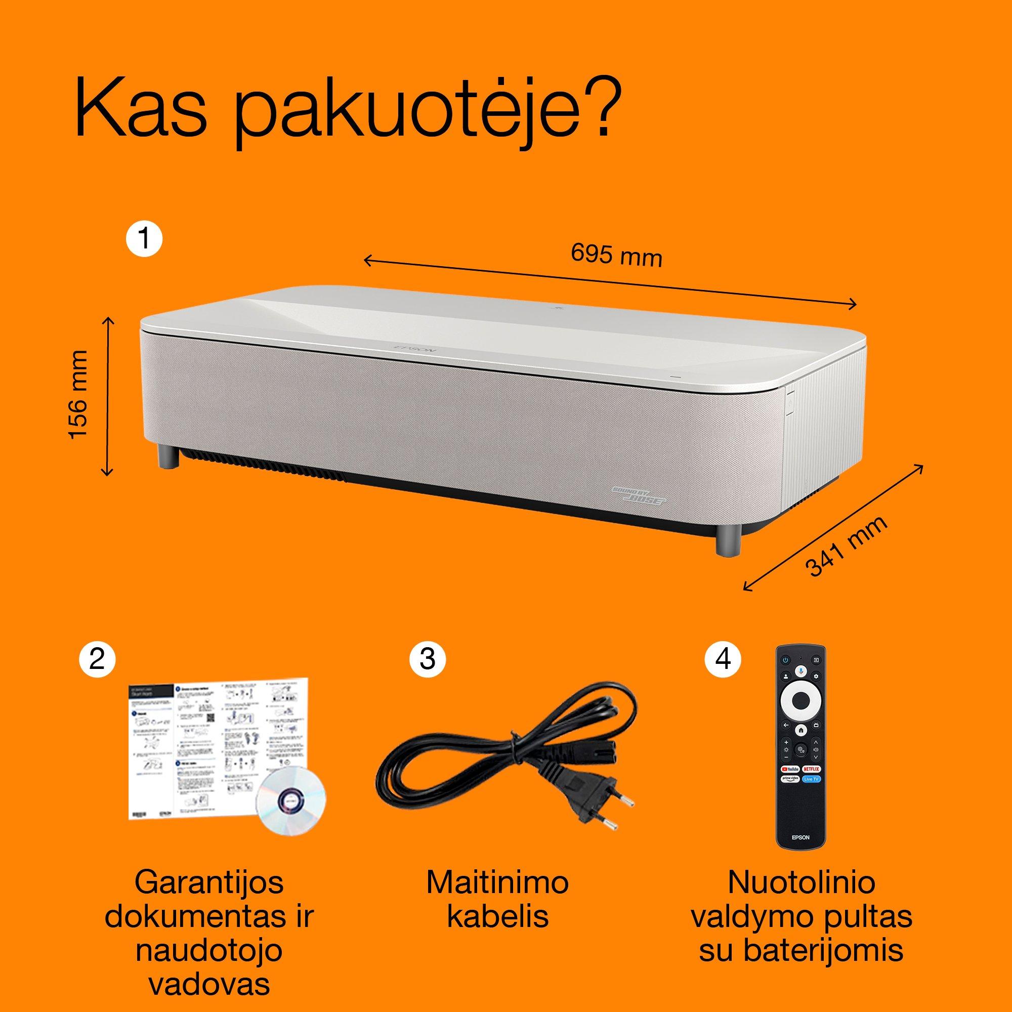 „Epson Lifestudio Grand Plus EH-LS970W“, deimantinė balta, itin mažo atstumo išmanusis lazerinis projektorius,  4K namų kino raiška, „Sound by Bose“, „Google TV“ whats in the box