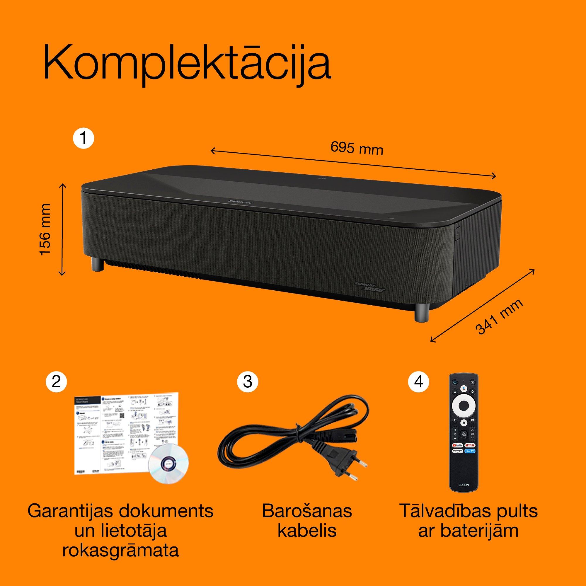 Epson Lifestudio Grand Plus EH-LS970B, metāliski melns, īpaši maza projicēšanas attāluma viedais lāzerprojektors, 4K mājas kinozāles izšķirtspēja, Sound by Bose, Google TV whats in the box