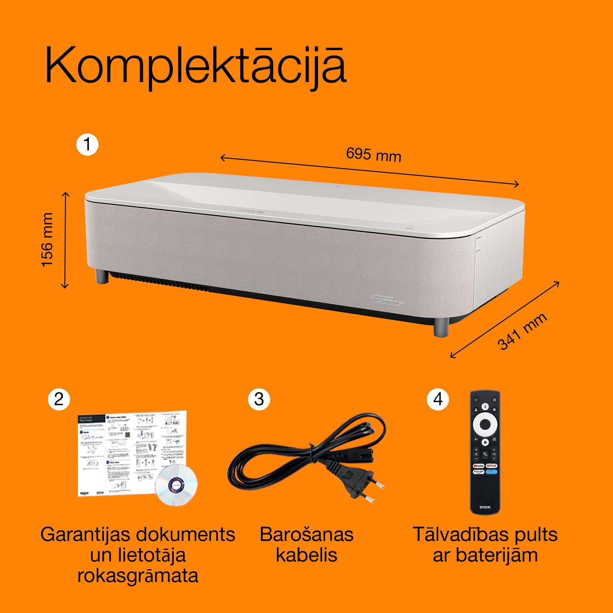 Epson Lifestudio Grand Plus EH-LS970W, īpaši maza projicēšanas attāluma viedais lāzerprojektors-TV, mājas kinozāle 4K, 4000 lūmeni, Sound by Bose, Google TV, 150 collu displejs, 5 gadu garantija whats in the box