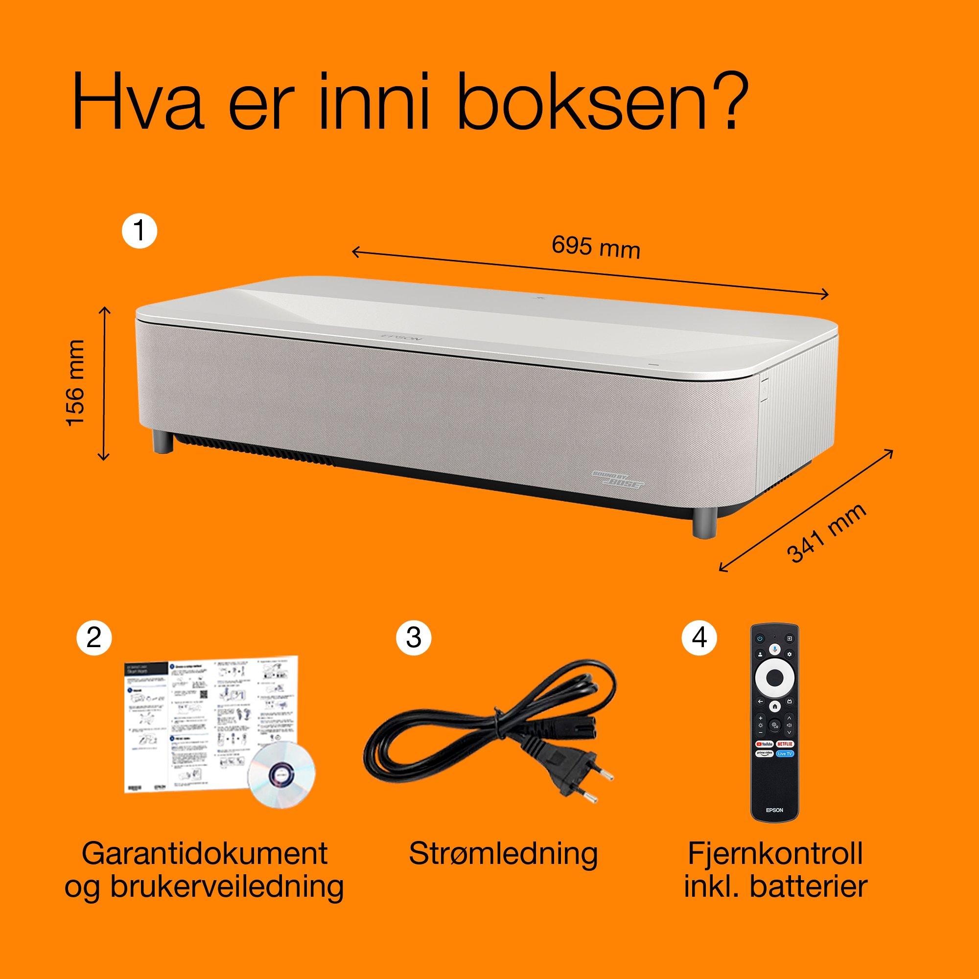 Epson Lifestudio Grand Plus EH-LS970W, hvit diamant, smart laserprojektor med ekstra kort projeksjonsavstand, 4K-hjemmekinooppløsning, Sound by Bose, Google TV whats in the box