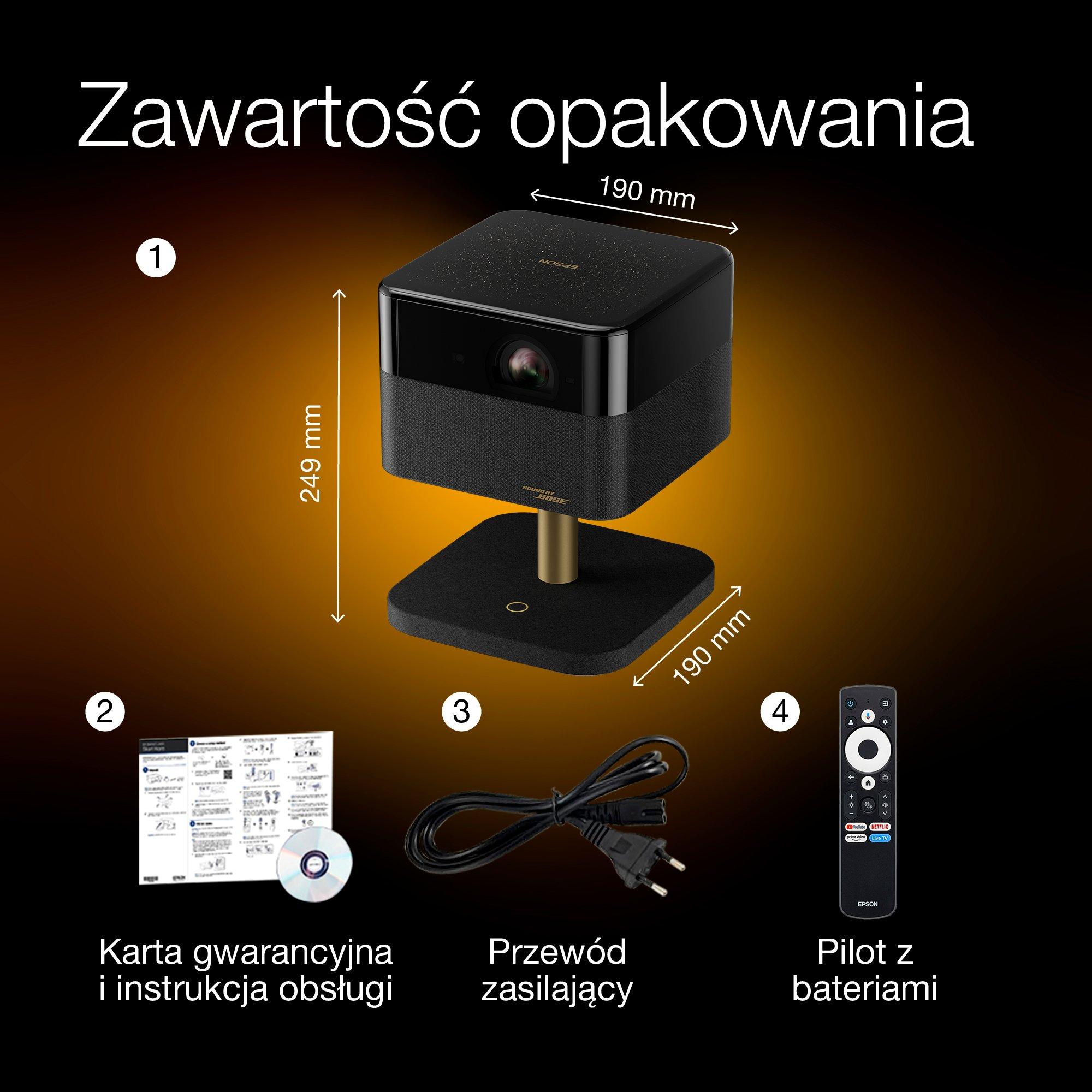 Lifestudio Flex Plus EF-73 firmy Epson, projektor Smart TV 4K PRO-UHD, przenośny, 1000 lumenów, Sound by Bose, Google TV, 150-calowy wyświetlacz whats in the box