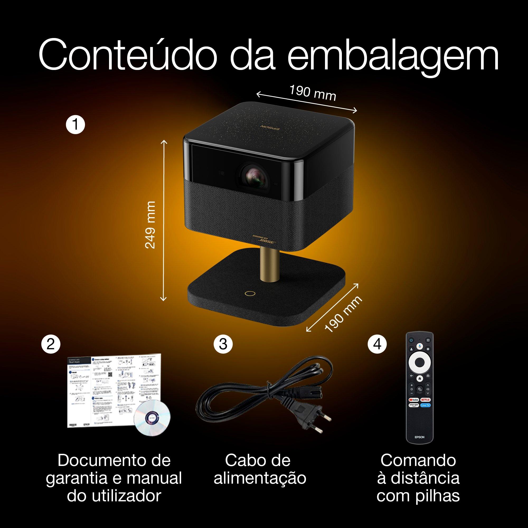 Epson Lifestudio Flex Edição Especial Lux – EF-73 Preto noturno, projetor inteligente portátil, Sound by Bose, Google TV, 4K Pro UHD, carregamento móvel sem fios, utilização interior/exterior, 5 anos de garantia* whats in the box