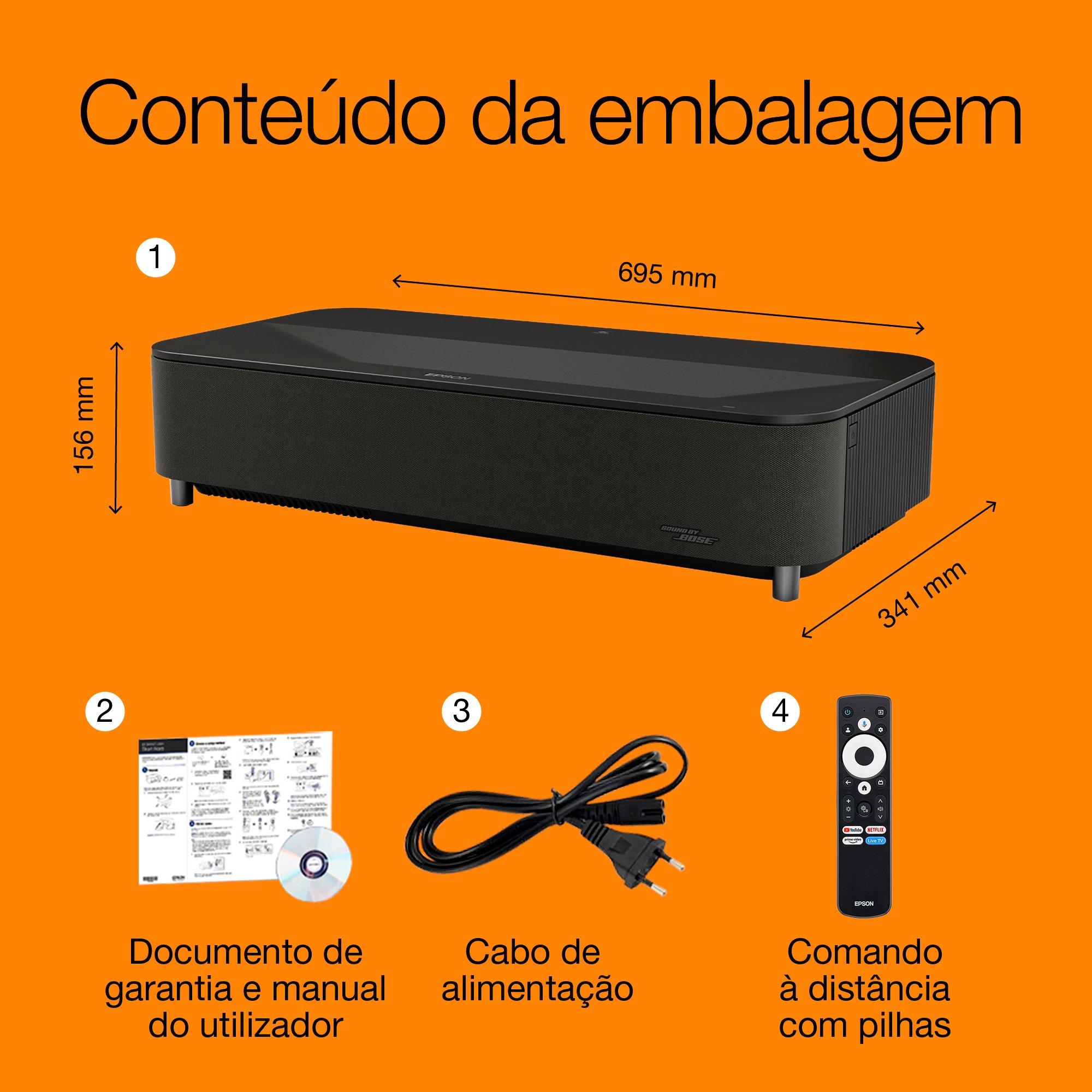 Epson Lifestudio Grand Plus EH-LS970B, preto metalizado, projetor laser inteligente de ultracurta distância, resolução de home cinema 4K, Sound by Bose, Google TV whats in the box