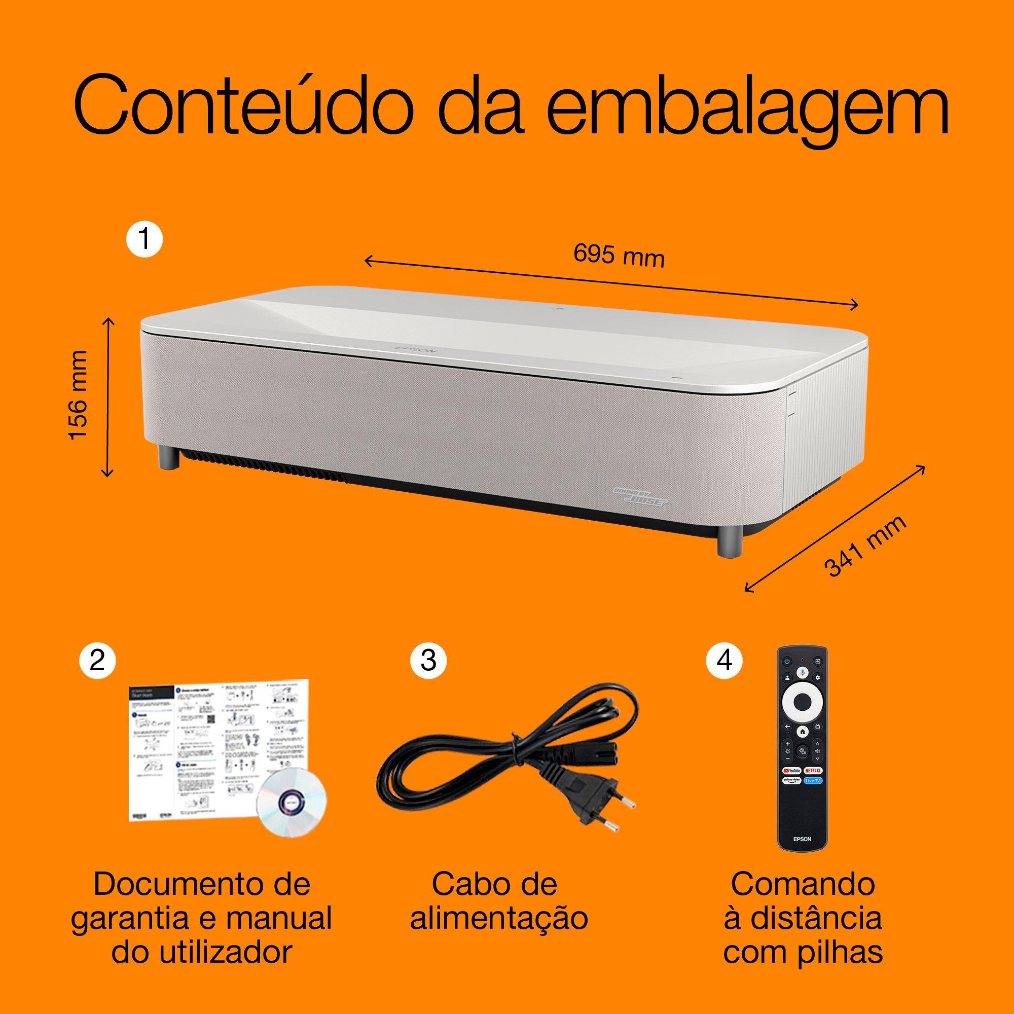 Epson Lifestudio Grand Plus EH-LS970W, branco diamante, projetor laser inteligente de ultracurta distância, resolução de home cinema 4K, Sound by Bose, Google TV whats in the box