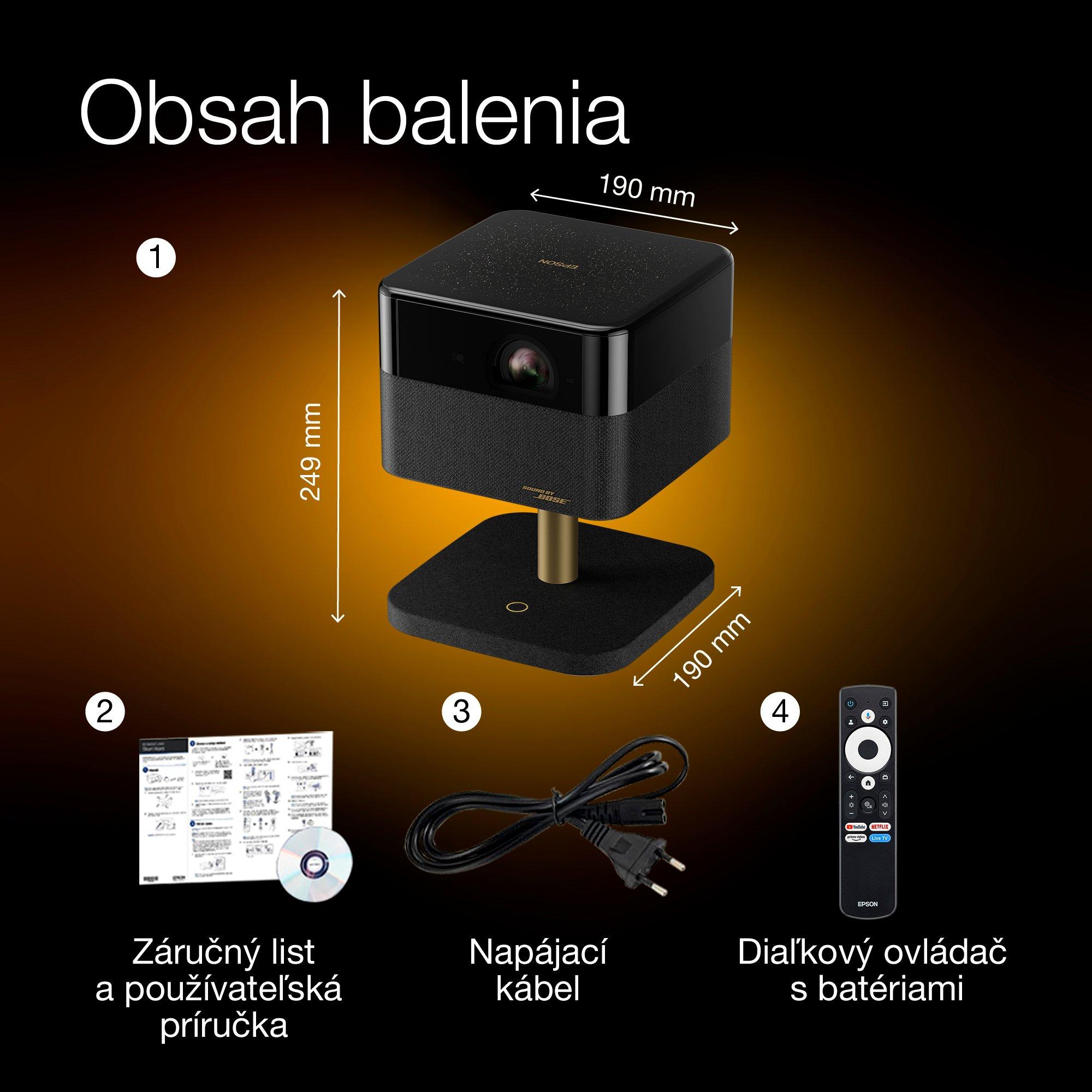 Epson Lifestudio Flex špeciálna edícia Lux – EF-73 nočná čierna – nočná čierna, prenosný inteligentný projektor, Sound by Bose, Google TV, 4K Pro UHD, mobilné bezdrôtové nabíjanie, použitie v interiéri/exteriéri, 5-ročná záruka* whats in the box