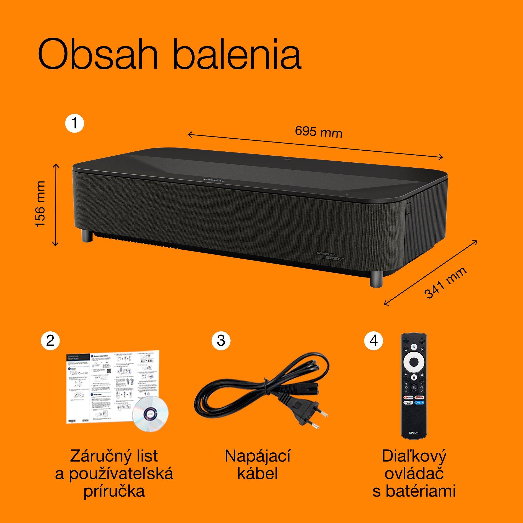Epson Lifestudio Grand Plus EH-LS970B, inteligentný laserový projektor/TV s veľmi krátkou projekčnou vzdialenosťou, domáce kino v rozlíšení 4K, 4 000 lumenov, Sound by Bose, Google TV, veľkosť projekčnej plochy 150'', päťročná záruka whats in the box