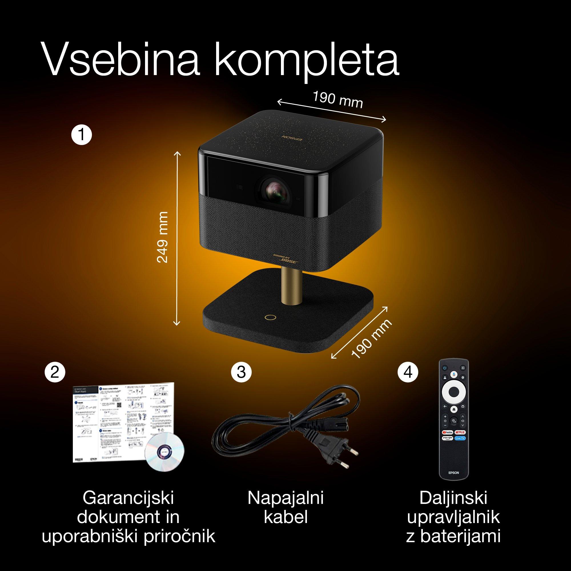 Epson Lifestudio Flex Special Lux Edition — EF-73 Night Black, Portable Smart Projector, Sound by Bose, Google TV, 4K Pro UHD, Mobile Wireless Charging, Indoor/Outdoor Use, 5-year warranty* whats in the box