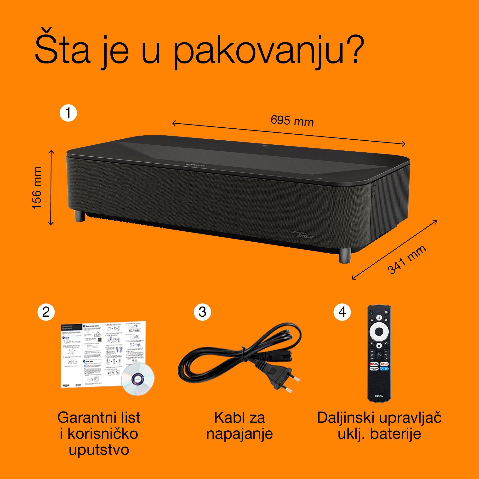 Epson Lifestudio Grand Plus EH-LS970B, metalik crni, pametni laserski projektor, izuzetno kratke projekcione razdaljine, sa rezolucijom od 4K za kućni bioskop, Sound by Bose, Google TV whats in the box