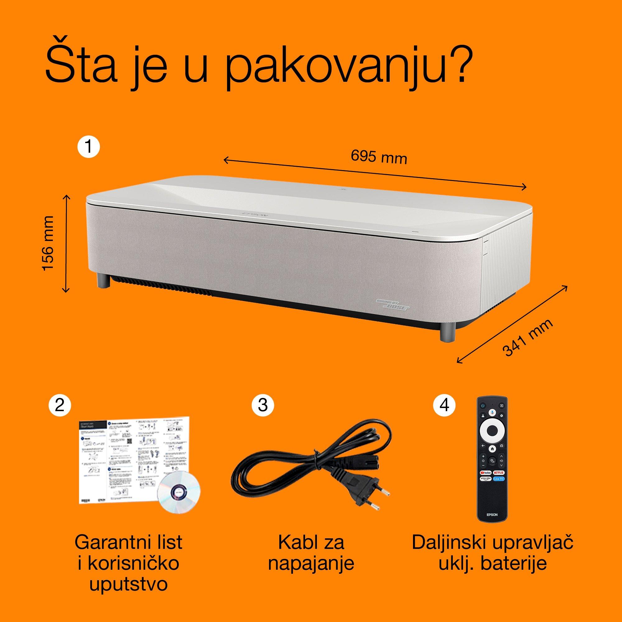 Epson Lifestudio Grand Plus EH-LS970W, dijamantsko beli, pametni laserski projektor, izuzetno kratke projekcione razdaljine, sa rezolucijom od 4K za kućni bioskop, Sound by Bose, Google TV whats in the box