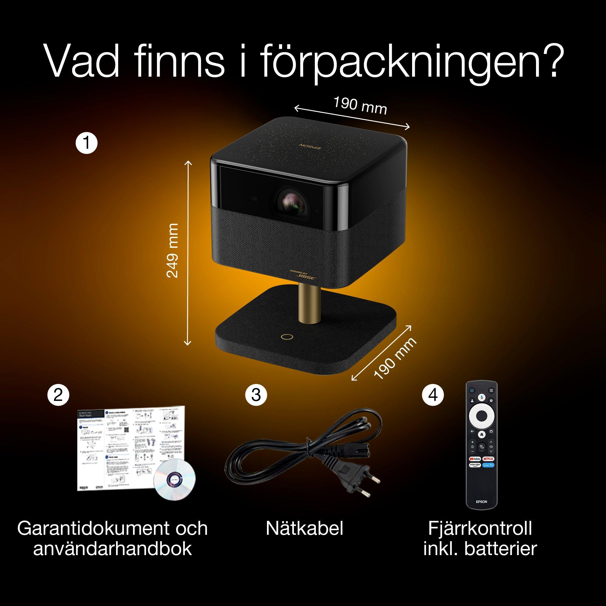 Epson Lifestudio Flex Special Lux Edition — EF-73 Night Black, bärbar smart projektor, Sound by Bose, Google TV, 4K Pro UHD, mobil trådlös laddning, användning inomhus/utomhus, fem års garanti* whats in the box