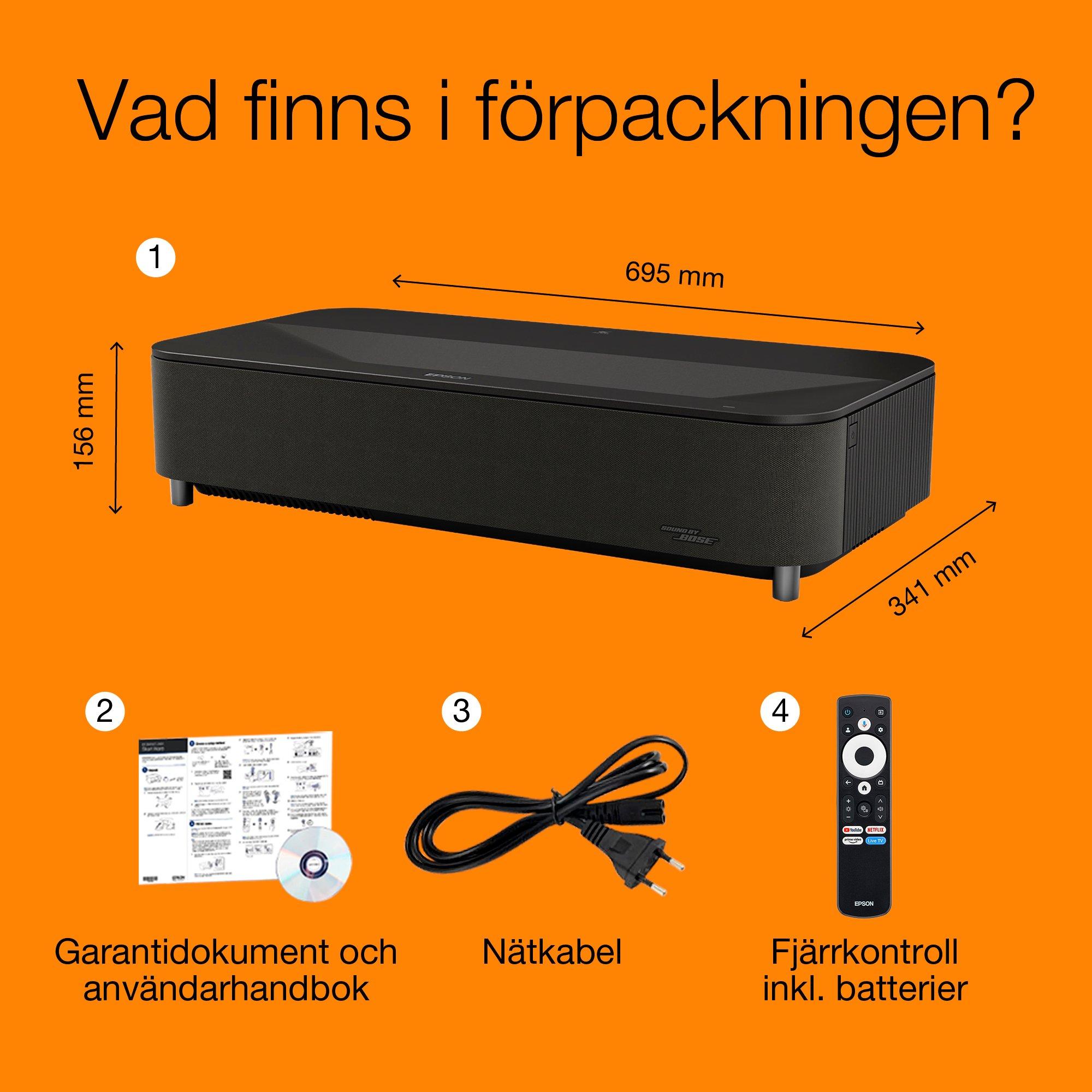 Epson Lifestudio Grand Plus EH-LS970B, smart laserprojektor-TV med ultrakort projiceringsavstånd, 4K-hemmabio, 4 000 lumen, Sound by Bose, Google TV, 150-tums projektionsyta, 5 års garanti whats in the box