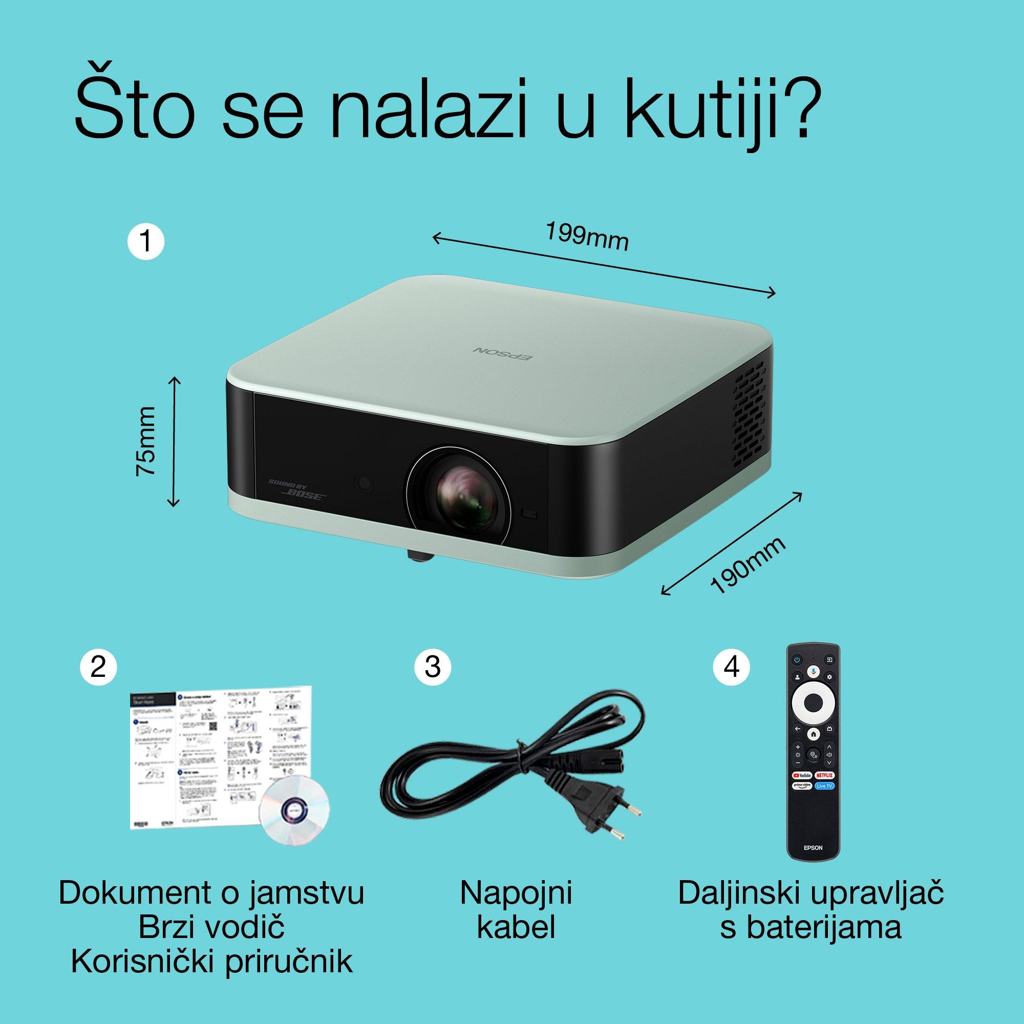 Epson Lifestudio Pop EF-61G, pametni TV projektor pune HD rezolucije 1080p, prijenosni, 700 lumena, Sound by Bose, Google TV, zaslon od 150 inča whats in the box