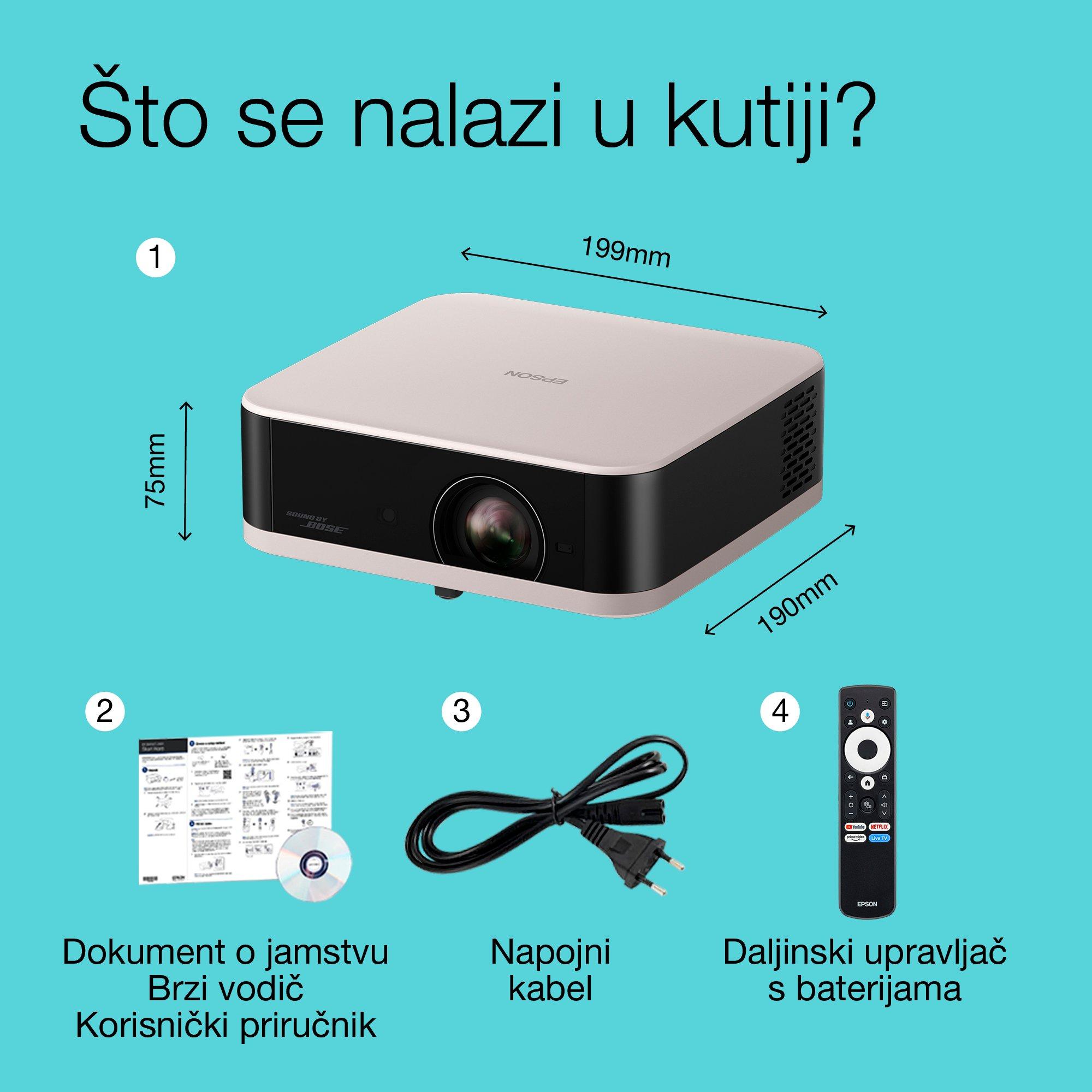 Epson Lifestudio Pop EF-61R, Full HD 1080p pametni TV projektor, prijenosni, 700 lumena, Sound by Bose, Google TV, zaslon od 150 inča whats in the box