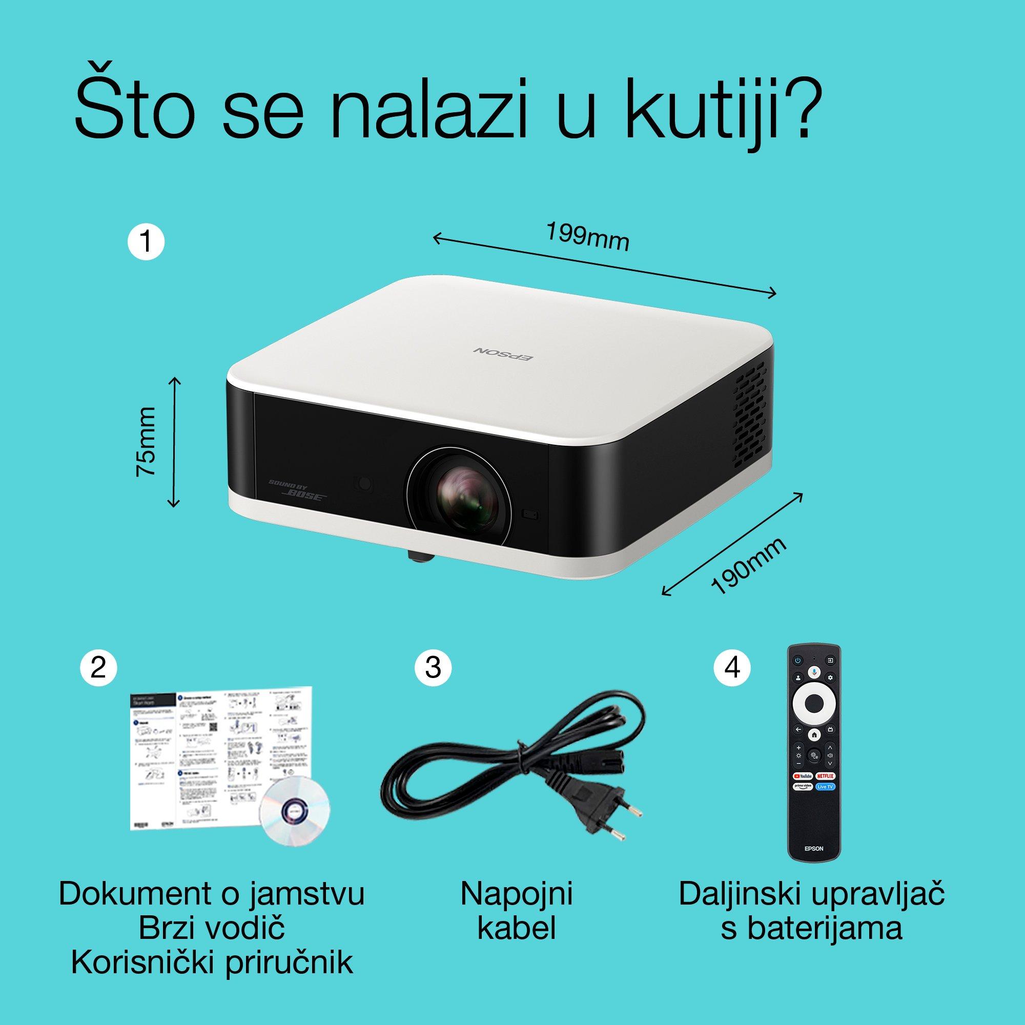 Epson Lifestudio Pop EF-61W Dijamantno bijela, prenosivi smart projektor, Sound by Bose, Google TV, Full HD, upotreba u zatvorenom i na otvorenom, petogodišnje jamstvo* whats in the box