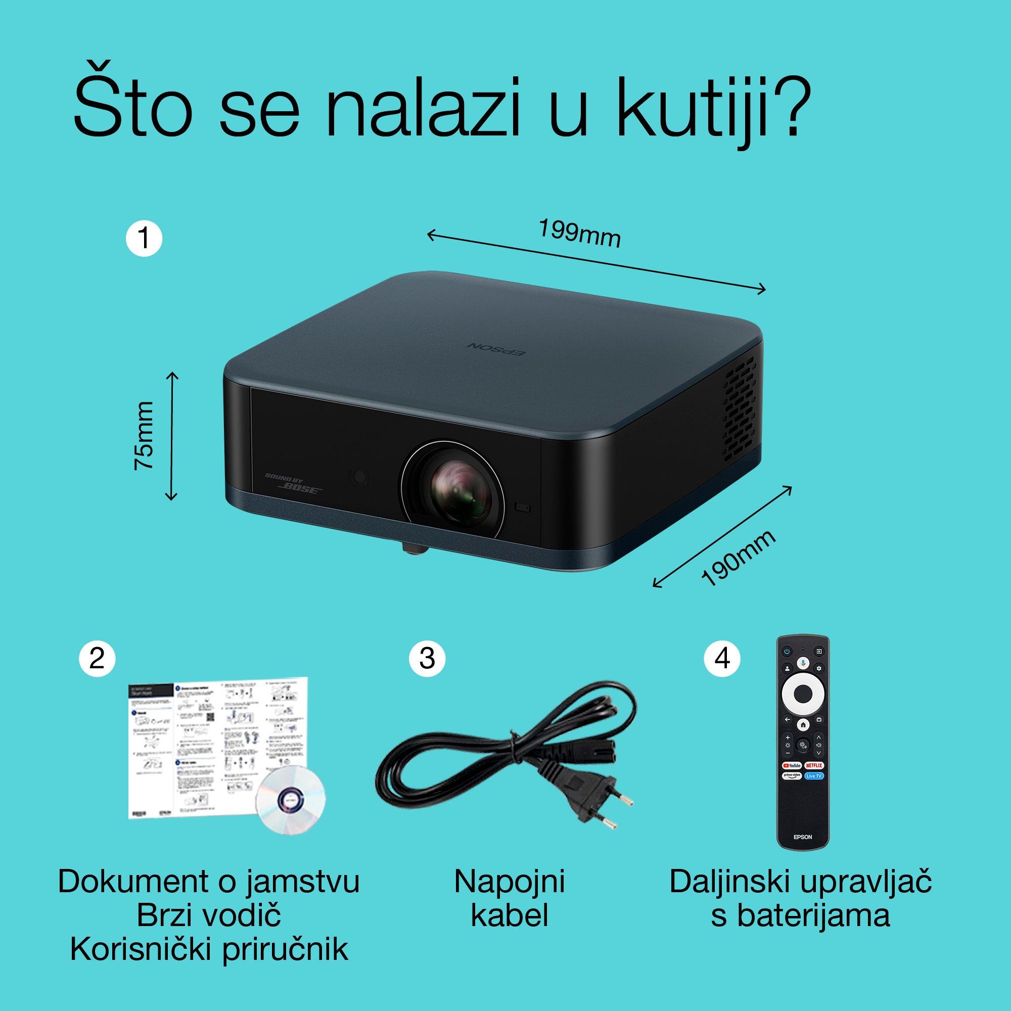 Epson Lifestudio Pop Plus EF-62N, 4K PRO-UHD pametni TV projektor, prijenosni, 700 lumena, Sound by Bose, Google TV, zaslon od 150 inča whats in the box