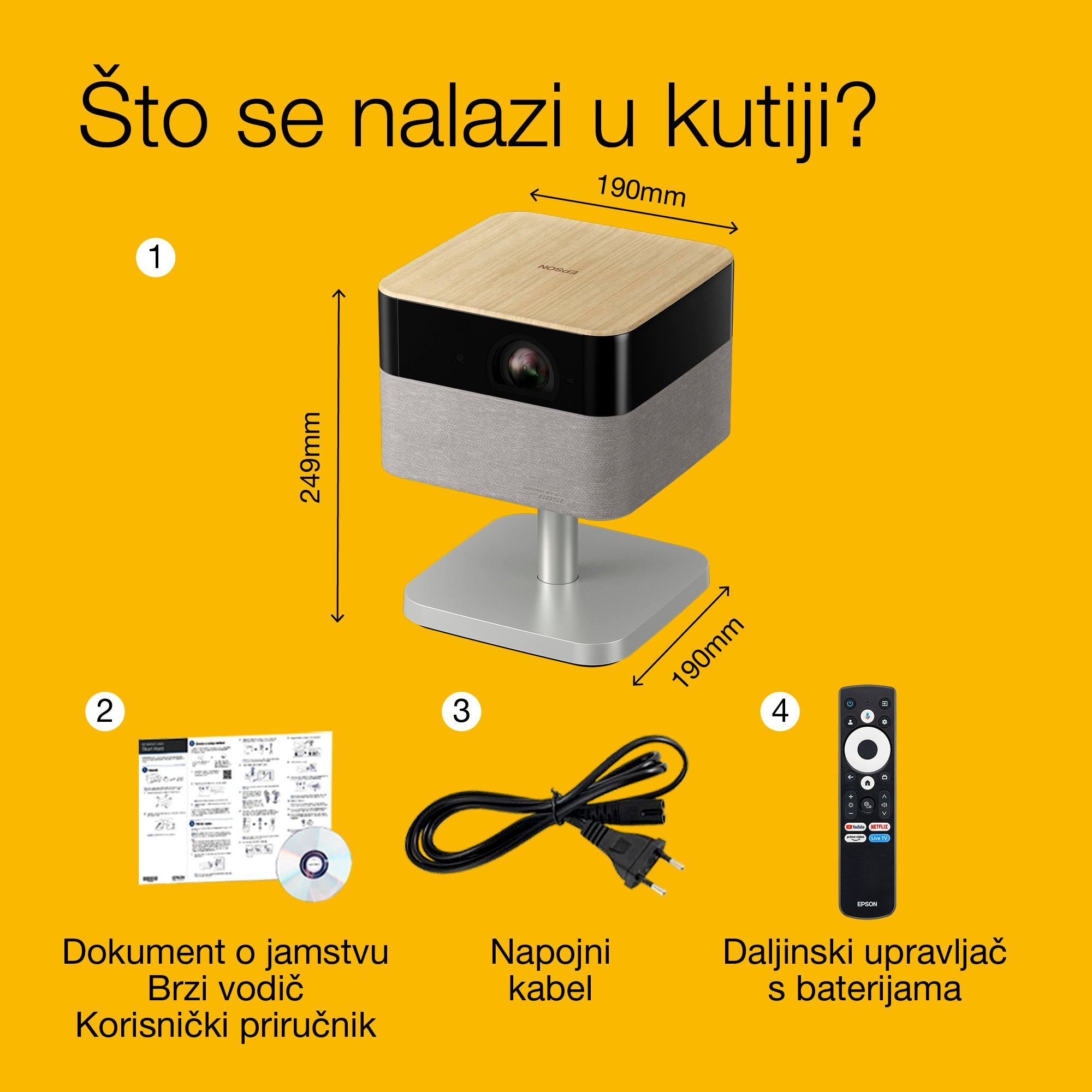 Epson Lifestudio Flex Plus EF-72, 4K PRO-UHD pametni TV projektor, prijenosni, 1000 lumena, Sound by Bose, Google TV, zaslon od 150 inča whats in the box