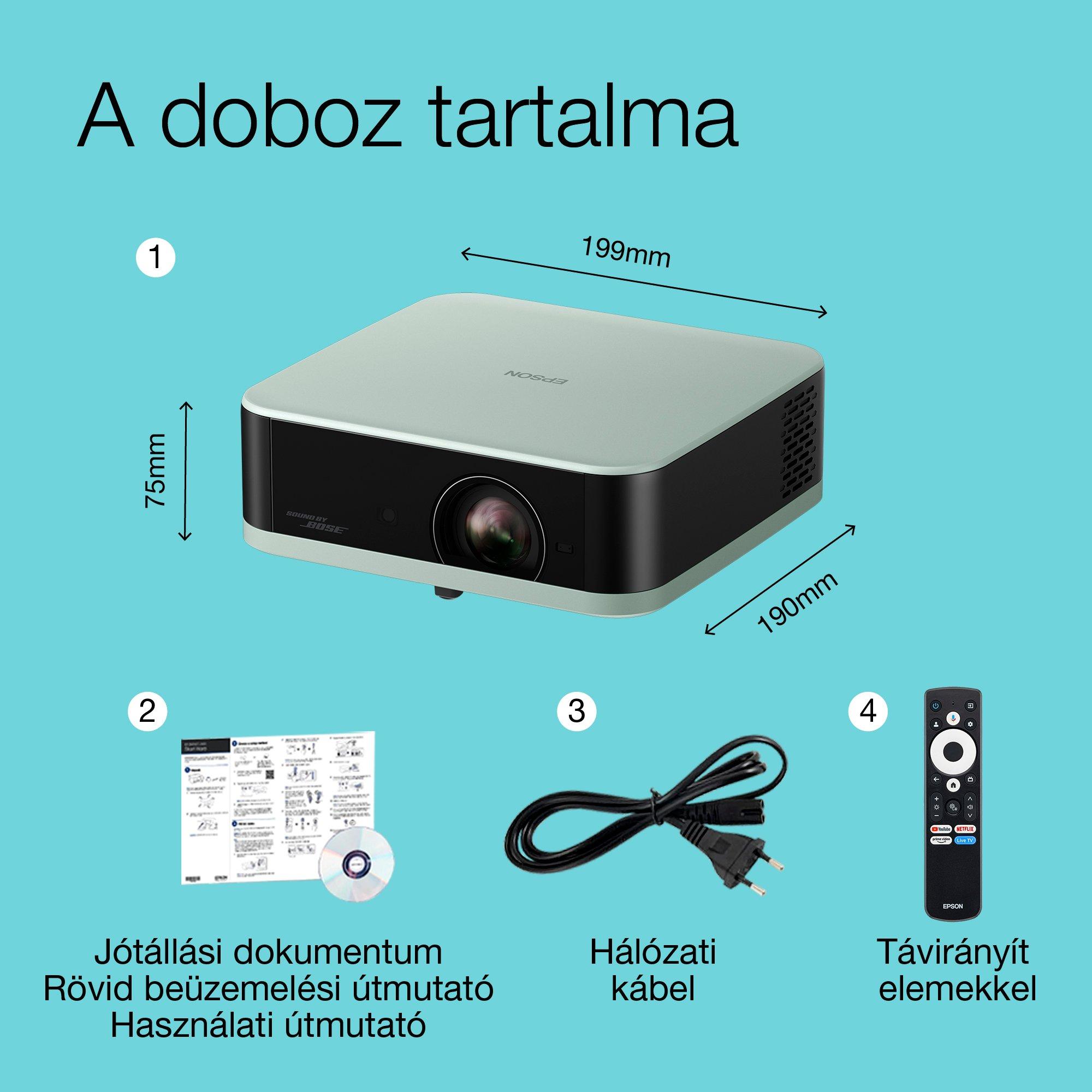 Epson Lifestudio Pop EF-61G, Full HD 1080p Smart TV projektor, hordozható, 700 lumen, Sound by Bose, Google TV, 150 hüvelykes kijelző whats in the box