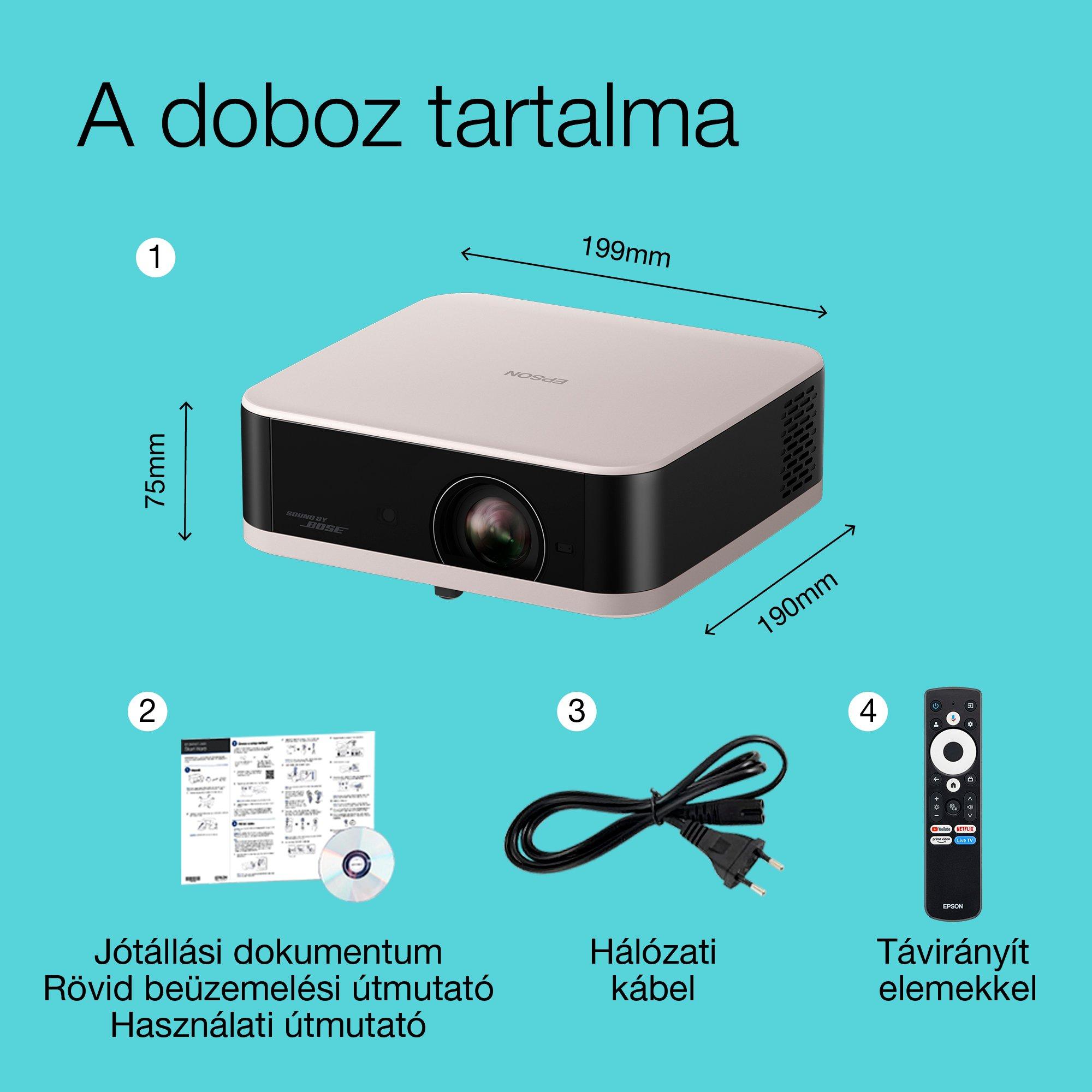 Epson Lifestudio Pop EF-61R, Full HD 1080p Smart TV projektor, hordozható, 700 lumen, Sound by Bose, Google TV, 150 hüvelykes kijelző whats in the box