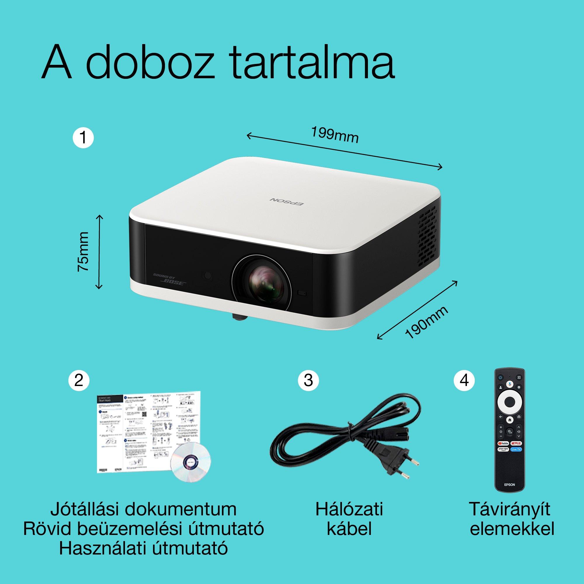 Epson Lifestudio Pop EF-61W gyémántfehér kivitelben, hordozható smart projektor, Sound by Bose, Google TV, full HD, beltéri/kültéri használat, 5 éves garancia* whats in the box