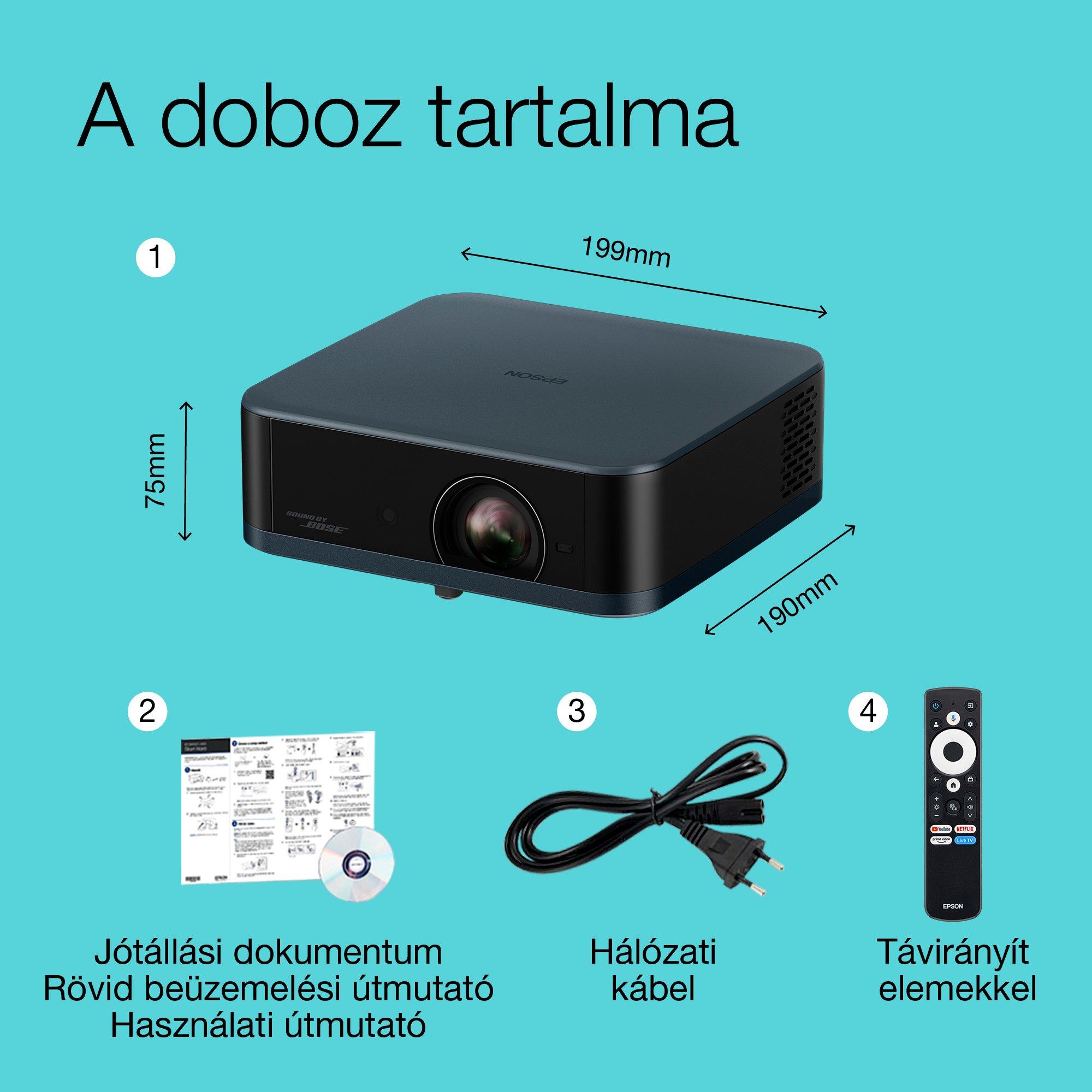 Epson Lifestudio Pop Plus EF-62N, 4K PRO-UHD Smart TV projektor, hordozható, 700 lumen, Sound by Bose, Google TV, 150 hüvelykes kijelző whats in the box