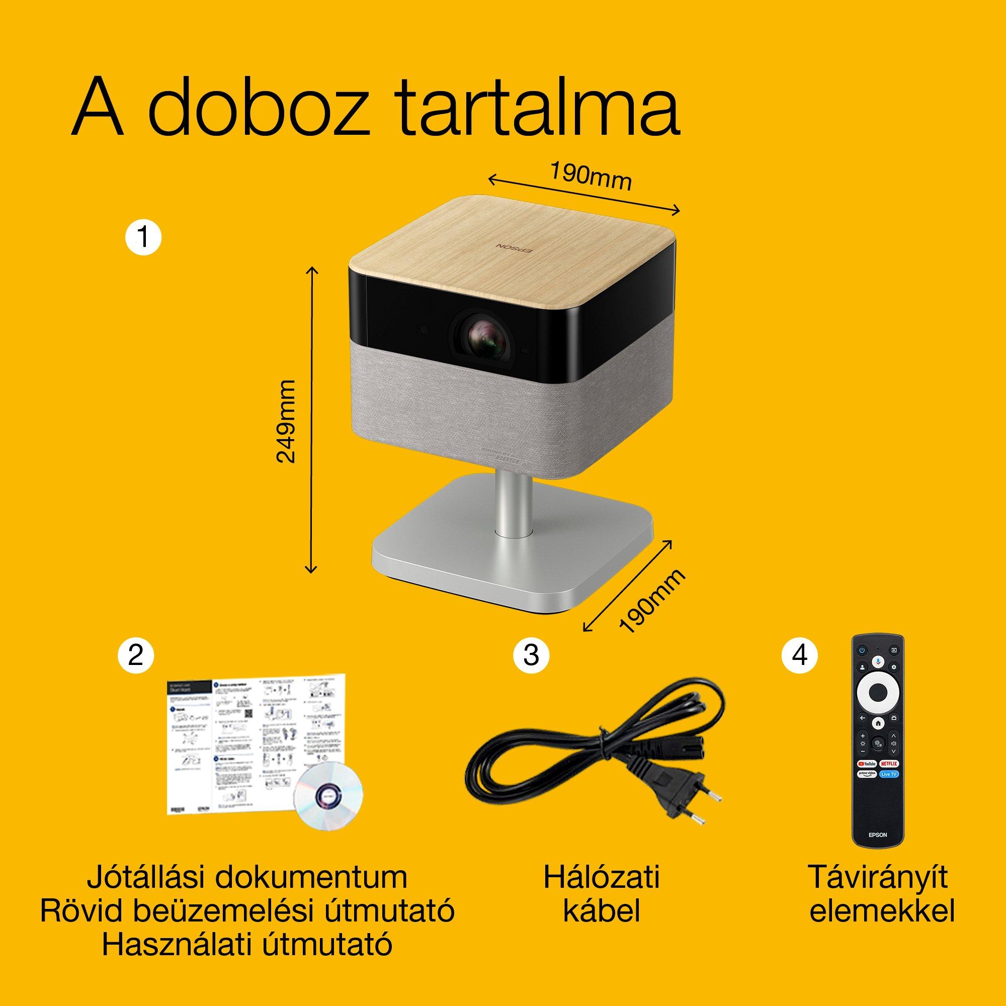 Epson Lifestudio Flex Plus EF-72, 4K PRO-UHD Smart TV projektor, hordozható, 1000 lumen, Sound by Bose, Google TV, 150 hüvelykes kijelző whats in the box