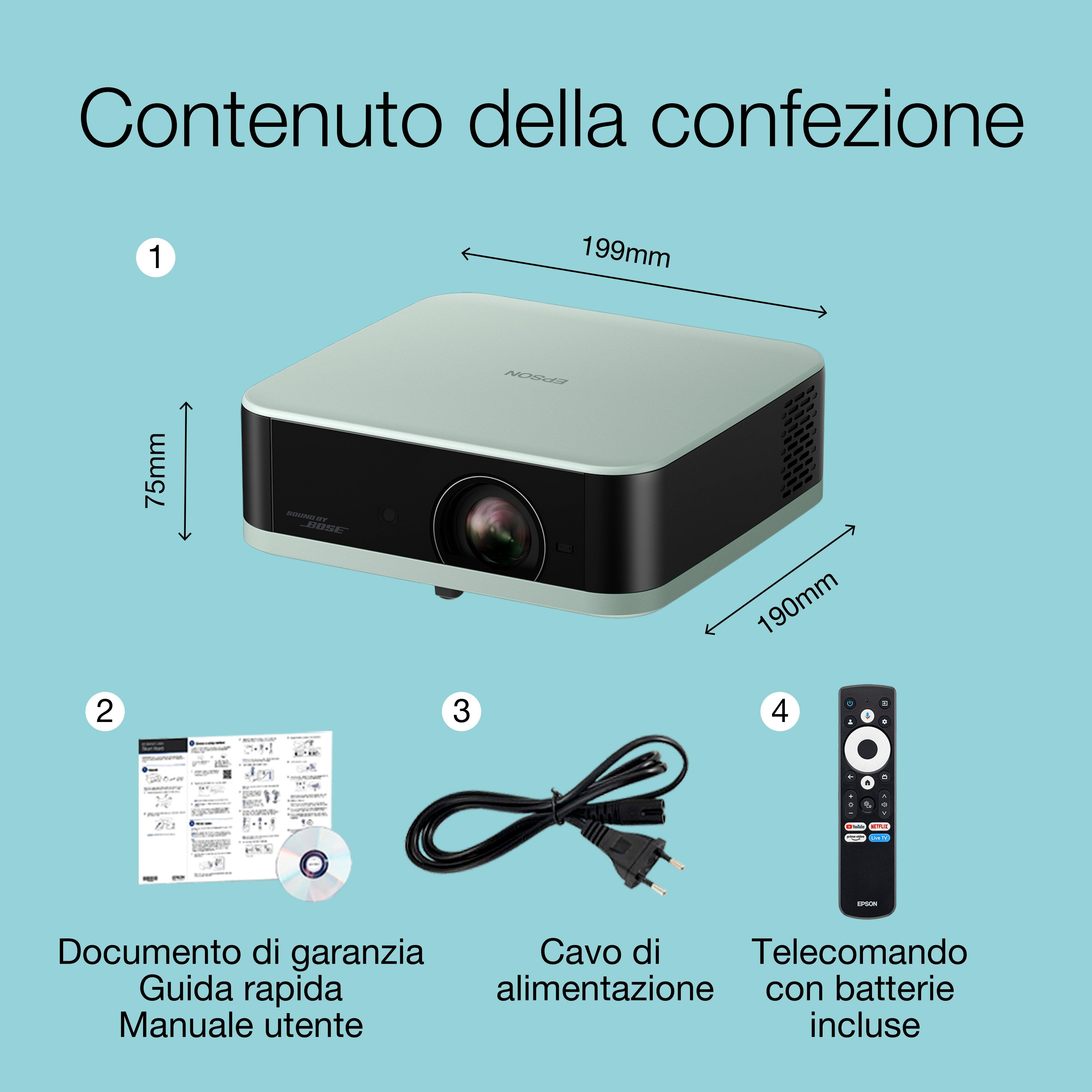 Epson Lifestudio Pop EF-61G Verde ghiaccio, videoproiettore portatile smart, Sound by Bose, Google TV, Full HD, uso interno/esterno, garanzia di 5 anni* whats in the box