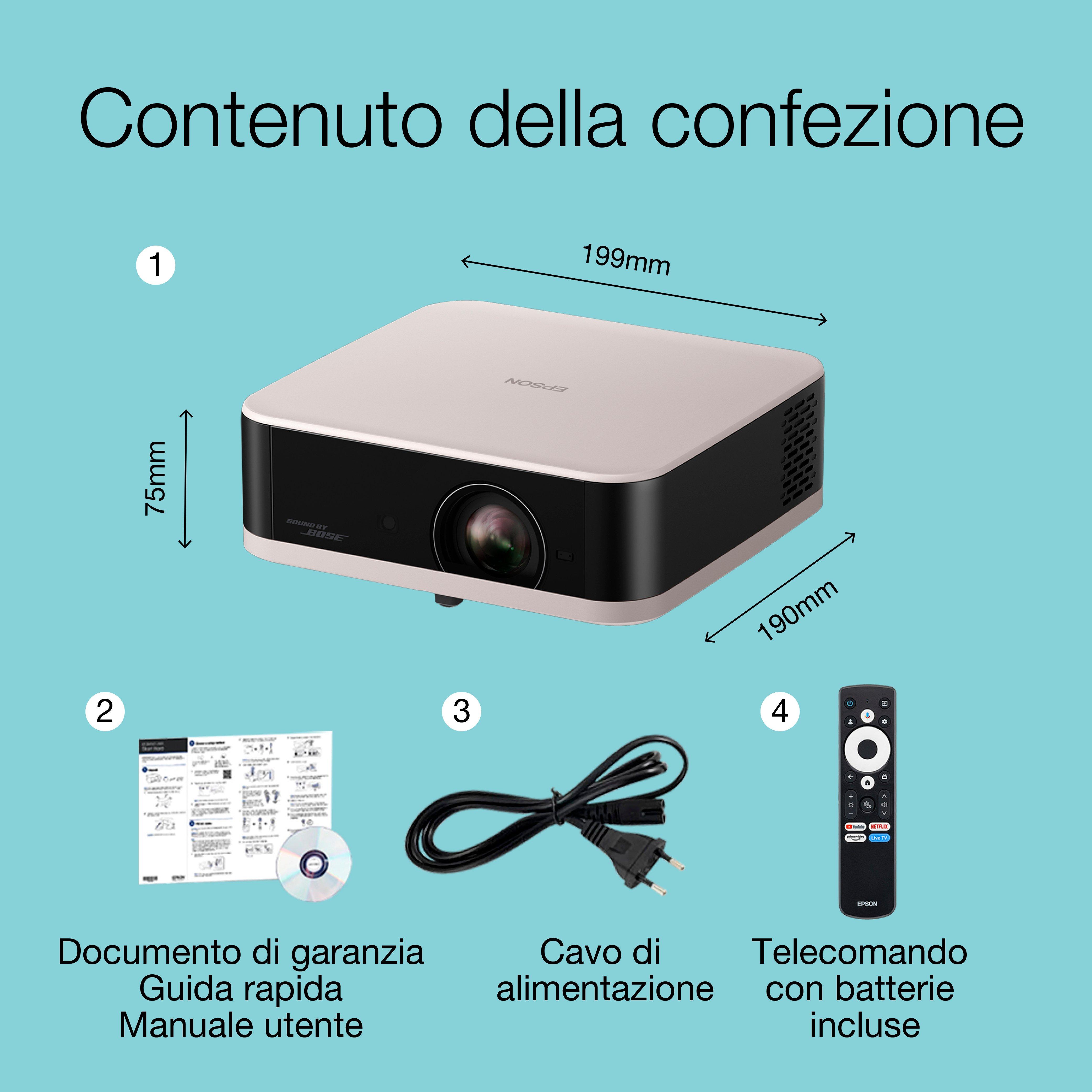 Epson Lifestudio Pop EF-61R Quarzo rosa, videoproiettore portatile smart, Sound by Bose, Google TV, Full HD, uso interno/esterno, garanzia di 5 anni* whats in the box