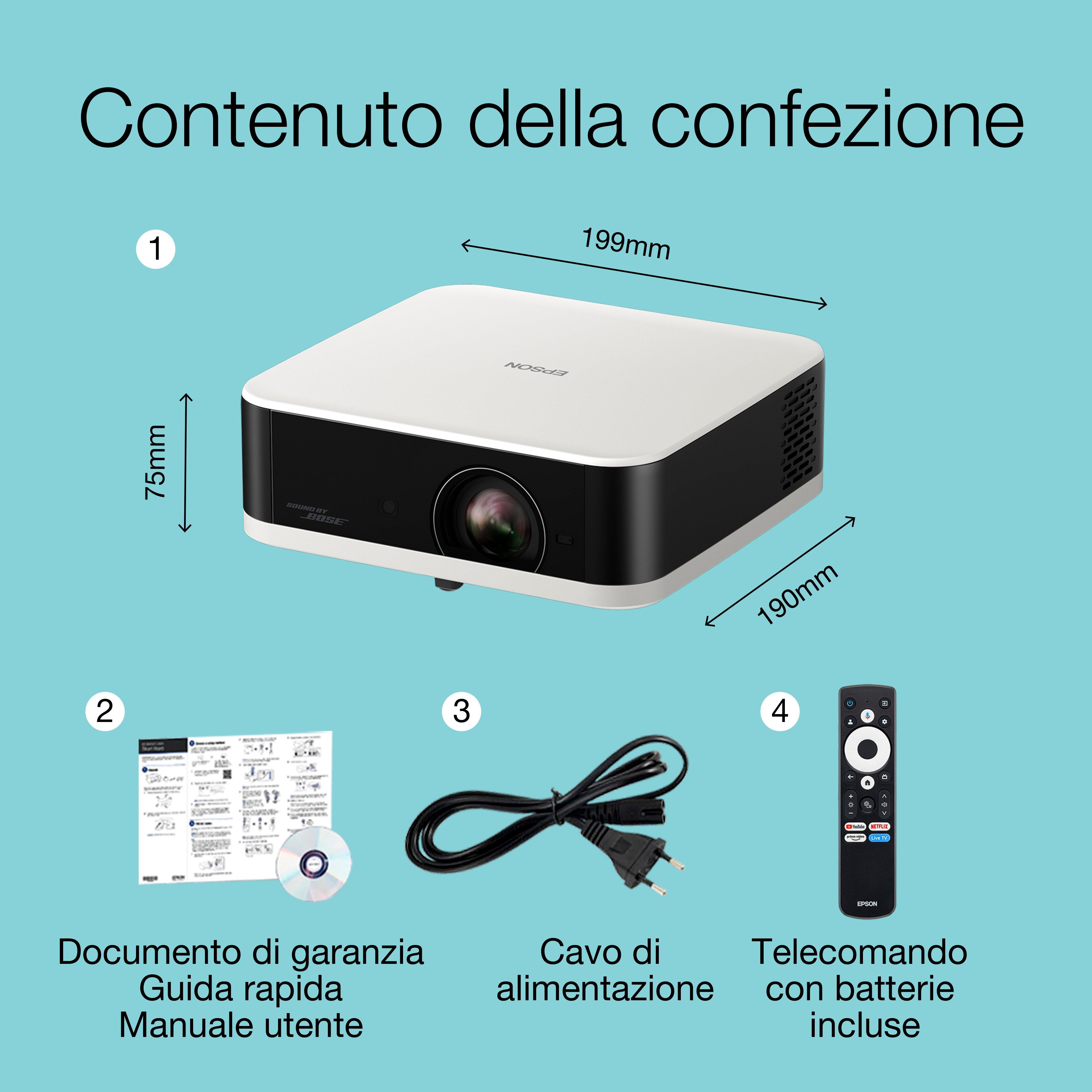 Epson Lifestudio Pop EF-61W Diamond White, videoproiettore portatile smart, Sound by Bose, Google TV, Full HD, uso interno/esterno, garanzia di 5 anni* whats in the box