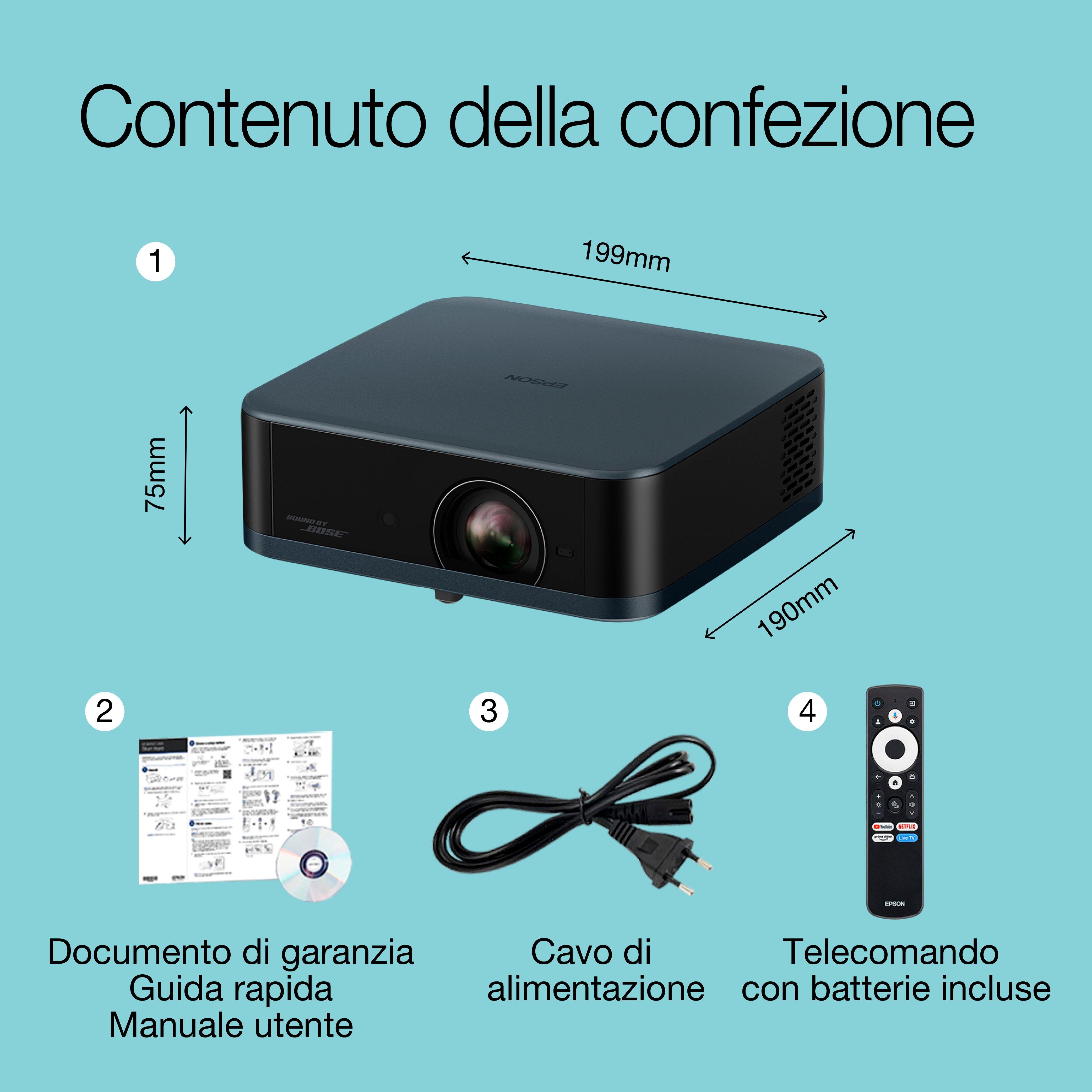 Epson Lifestudio Pop EF-62N, videoproiettore portatile smart, Sound by Bose, Google TV, 4K Pro UHD, uso interno/esterno, garanzia di 5 anni* whats in the box