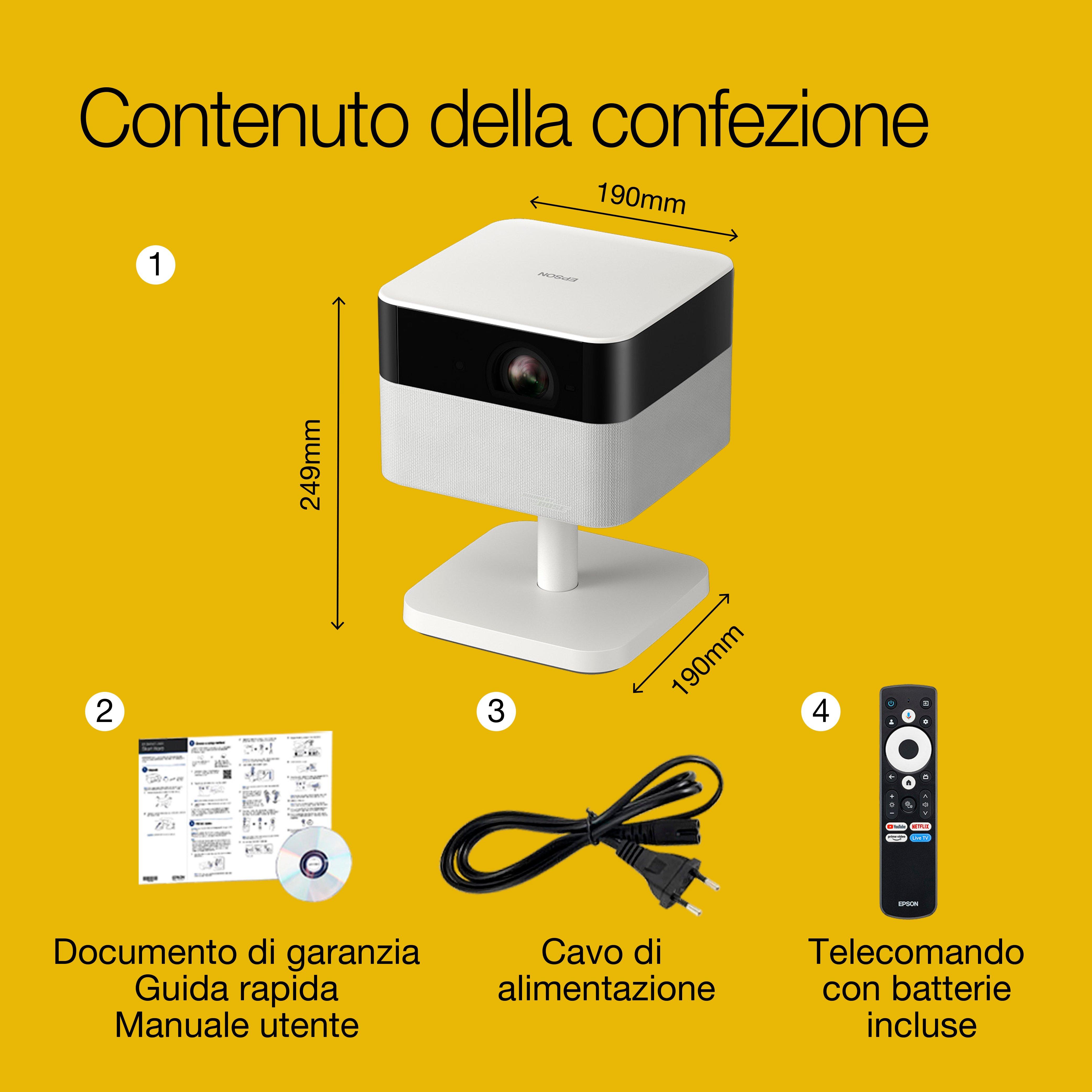 Epson Lifestudio Flex EF-71 Diamond White, videoproiettore portatile smart, Sound by Bose, Google TV, Full HD, supporto regolabile, uso interno/esterno, garanzia di 5 anni* whats in the box