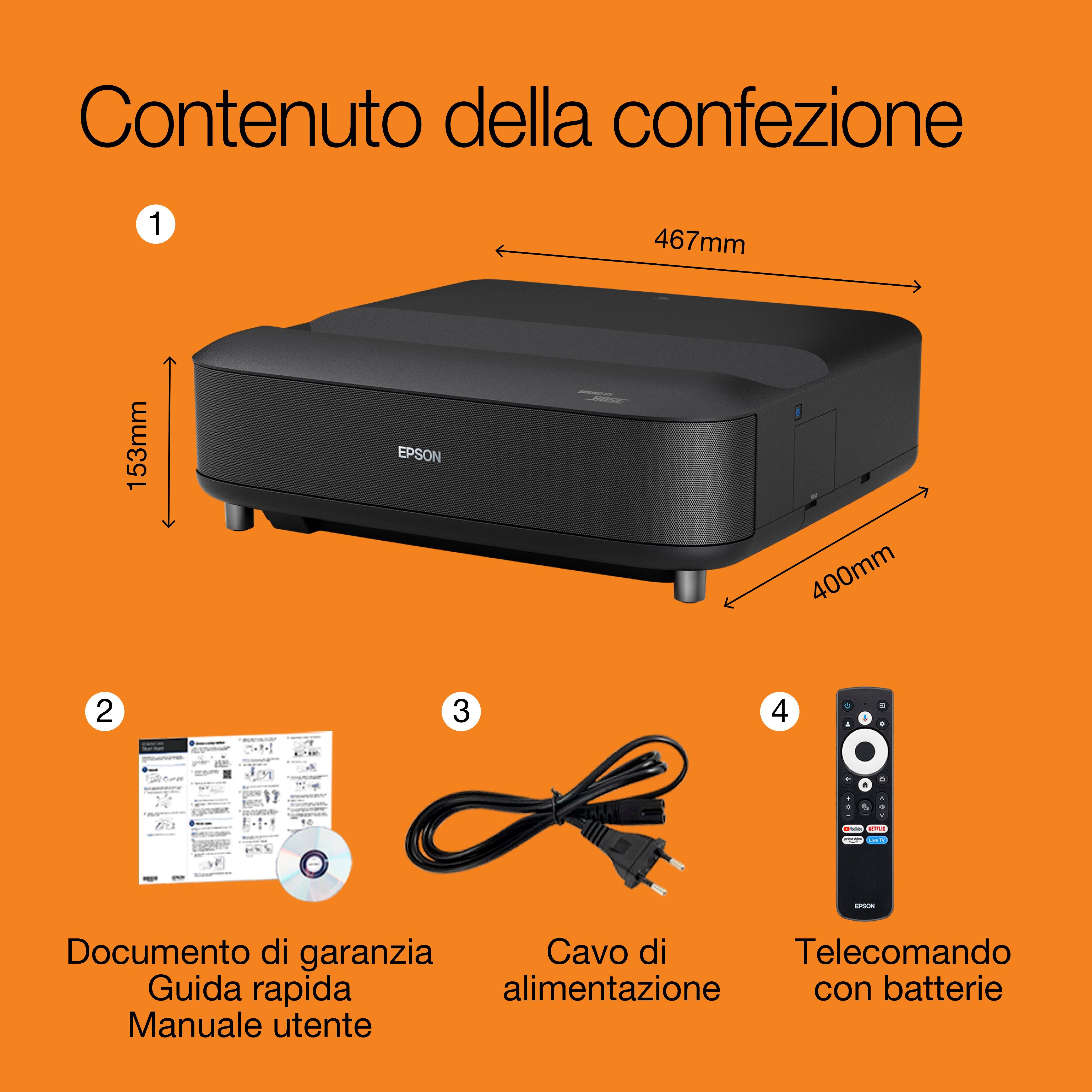 Epson Lifestudio Grand EH-LS870B Nero metallizzato, videoproiettore laser intelligente a ottica ultra-corta, 4K PRO UHD, Sound by Bose, Google TV, schermo fino a 120 whats in the box