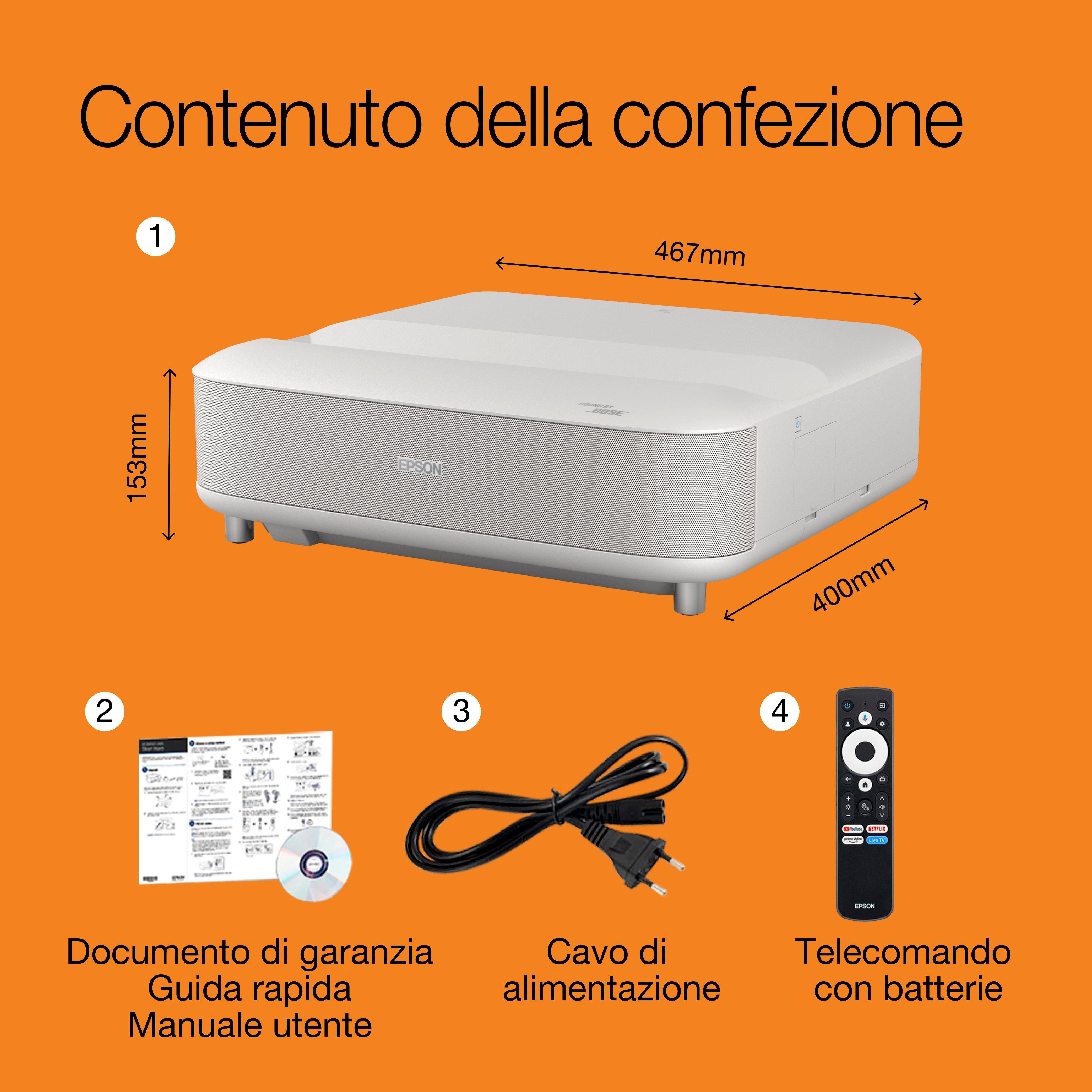 Epson Lifestudio Grand EH-LS670W Bianco diamante, videoproiettore laser intelligente a ottica ultra-corta, 4K PRO UHD, Sound by Bose, Google TV, schermo fino a 120 whats in the box