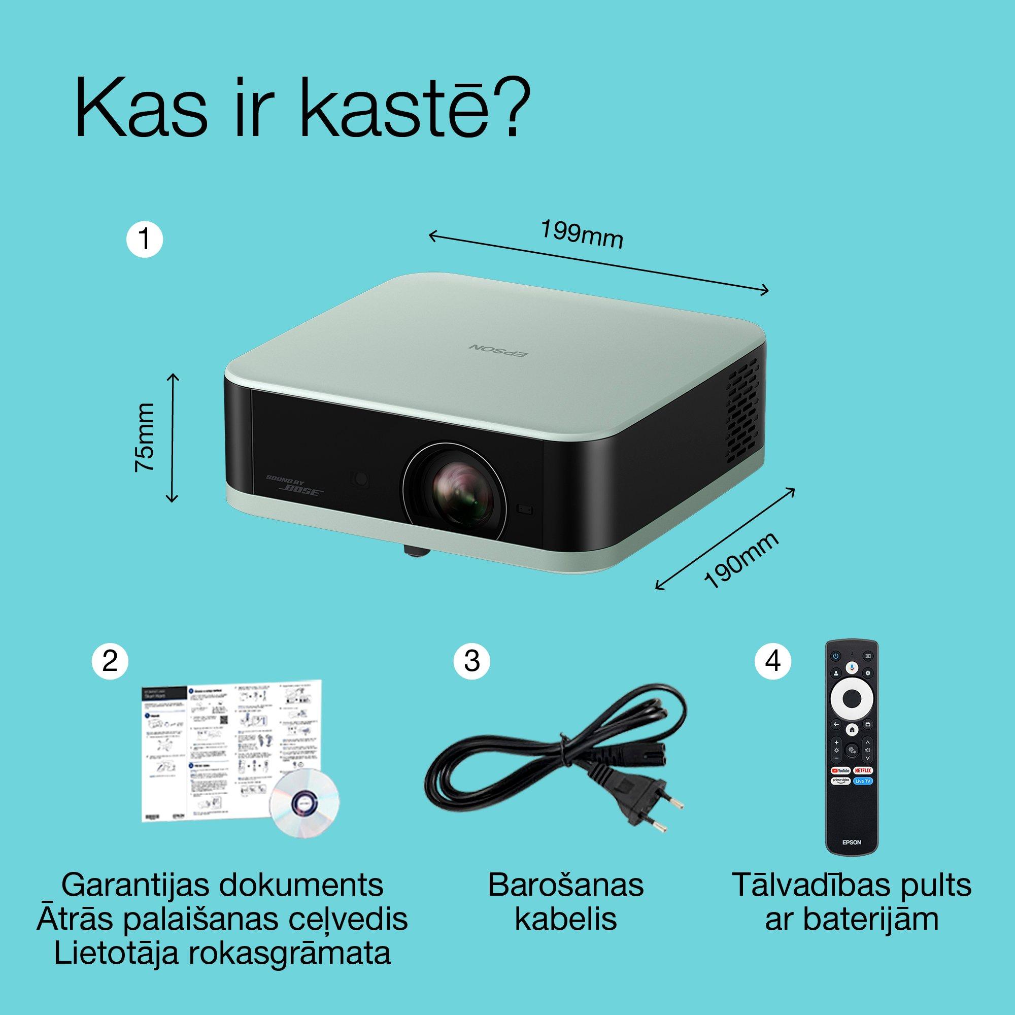 Epson Lifestudio Pop EF-61G, Full HD 1080p viedais TV projektors, pārnēsājams, 700 lūmeni, Sound by Bose, Google TV, 150 collu displejs whats in the box