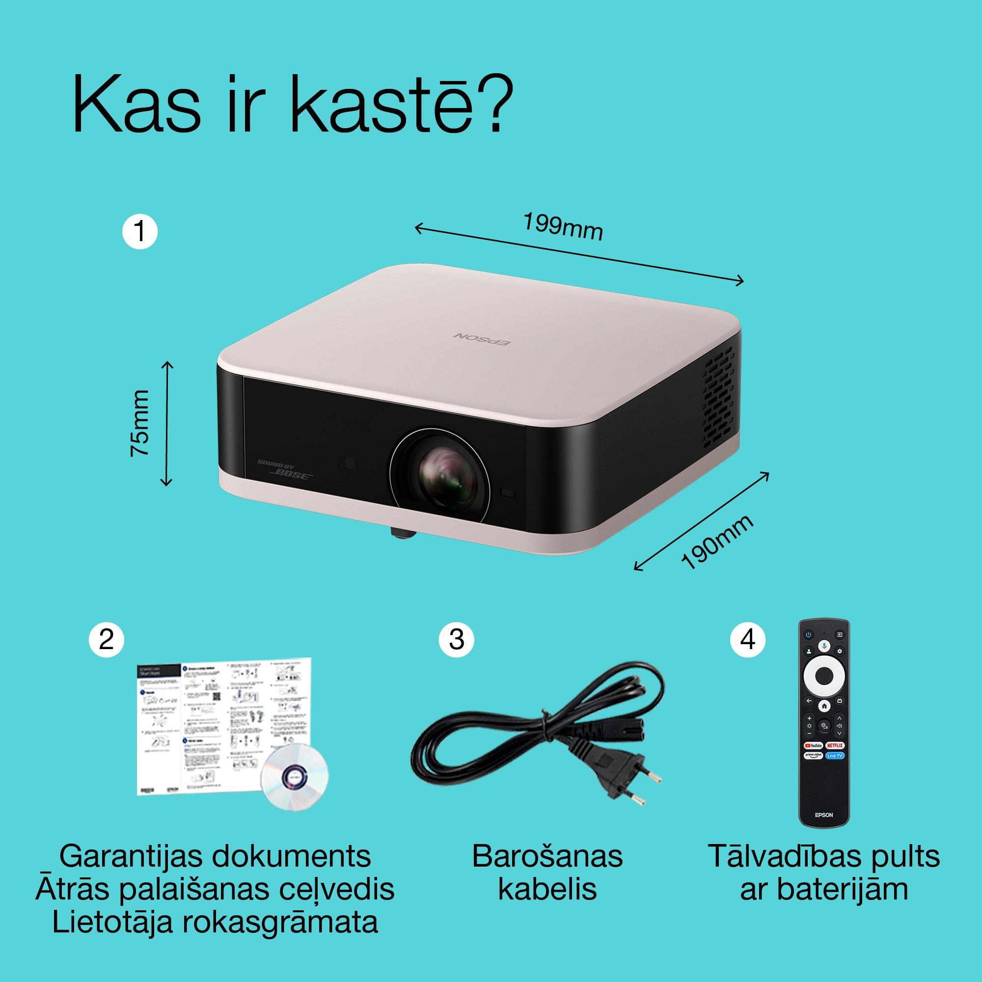 Epson Lifestudio Pop EF-61R, Full HD 1080p viedais TV projektors, pārnēsājams, 700 lūmeni, Sound by Bose, Google TV, 150 collu displejs whats in the box