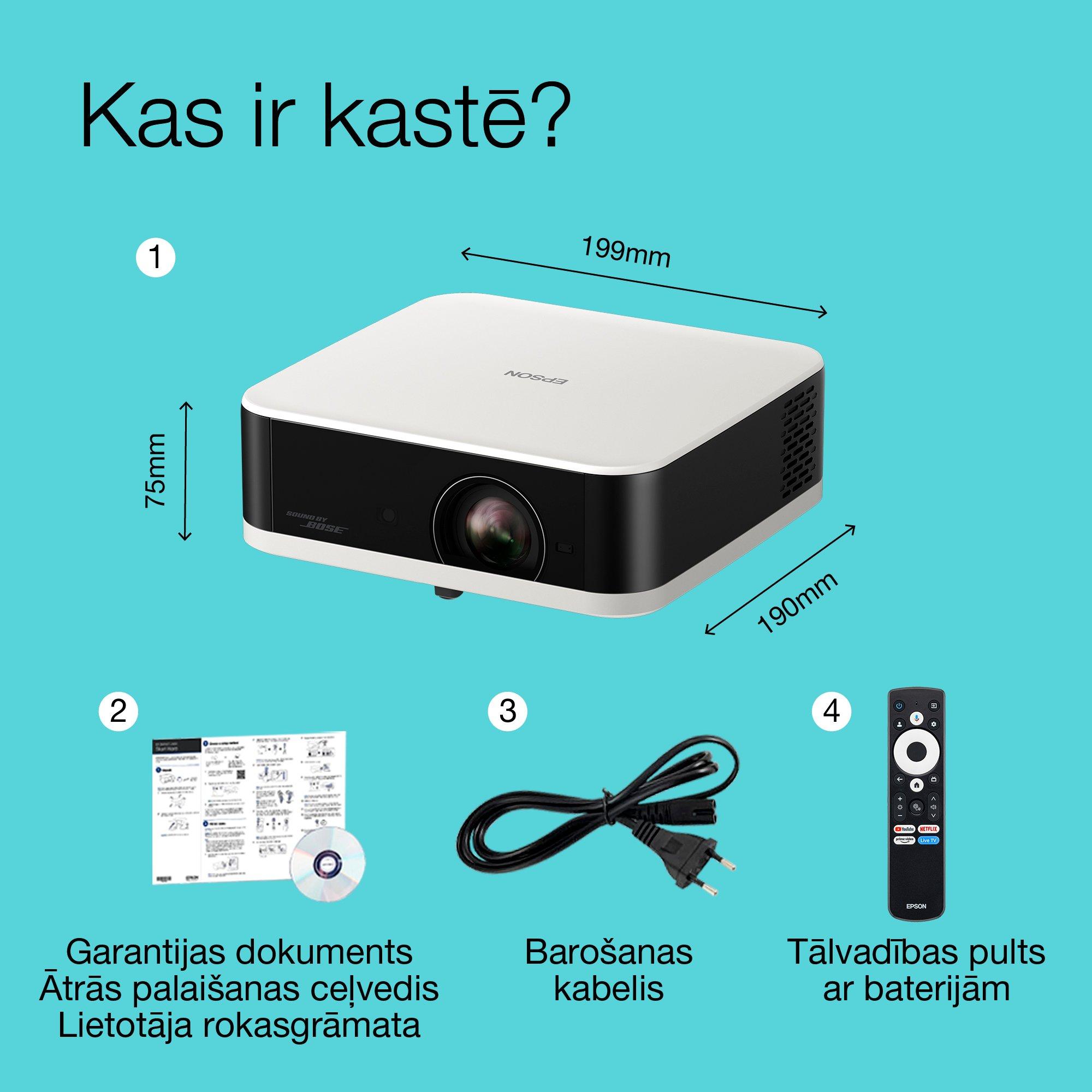 Epson Lifestudio Pop EF-61W dimanta balts, pārnēsājams Smart projektors, Sound by Bose, Google TV, Full HD, lietošana iekštelpās/ārtelpās, 5 gadu garantija* whats in the box
