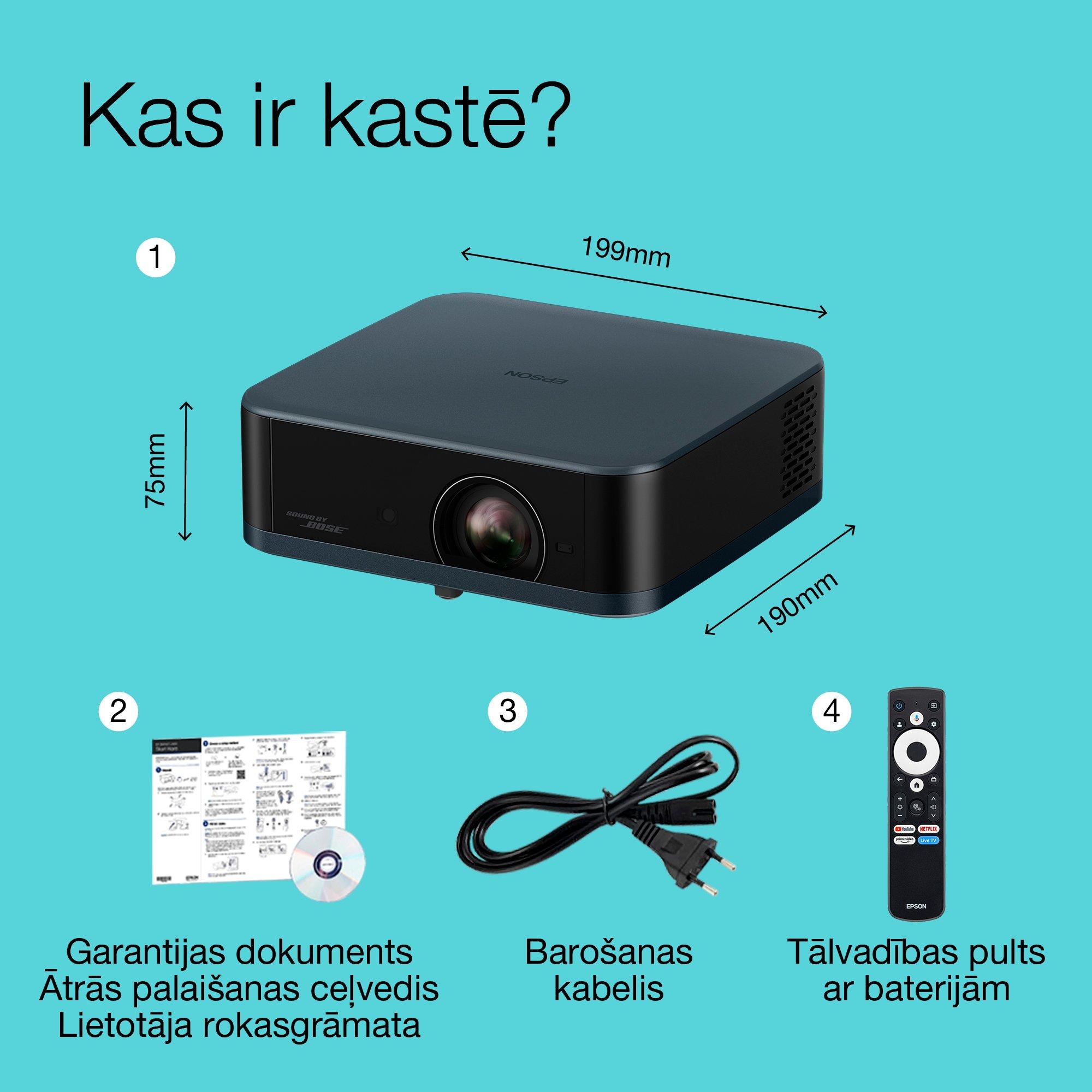 Epson Lifestudio Pop Plus EF-62N, 4K PRO-UHD viedais TV projektors, pārnēsājams, 700 lūmeni, Sound by Bose, Google TV, 150 collu displejs whats in the box