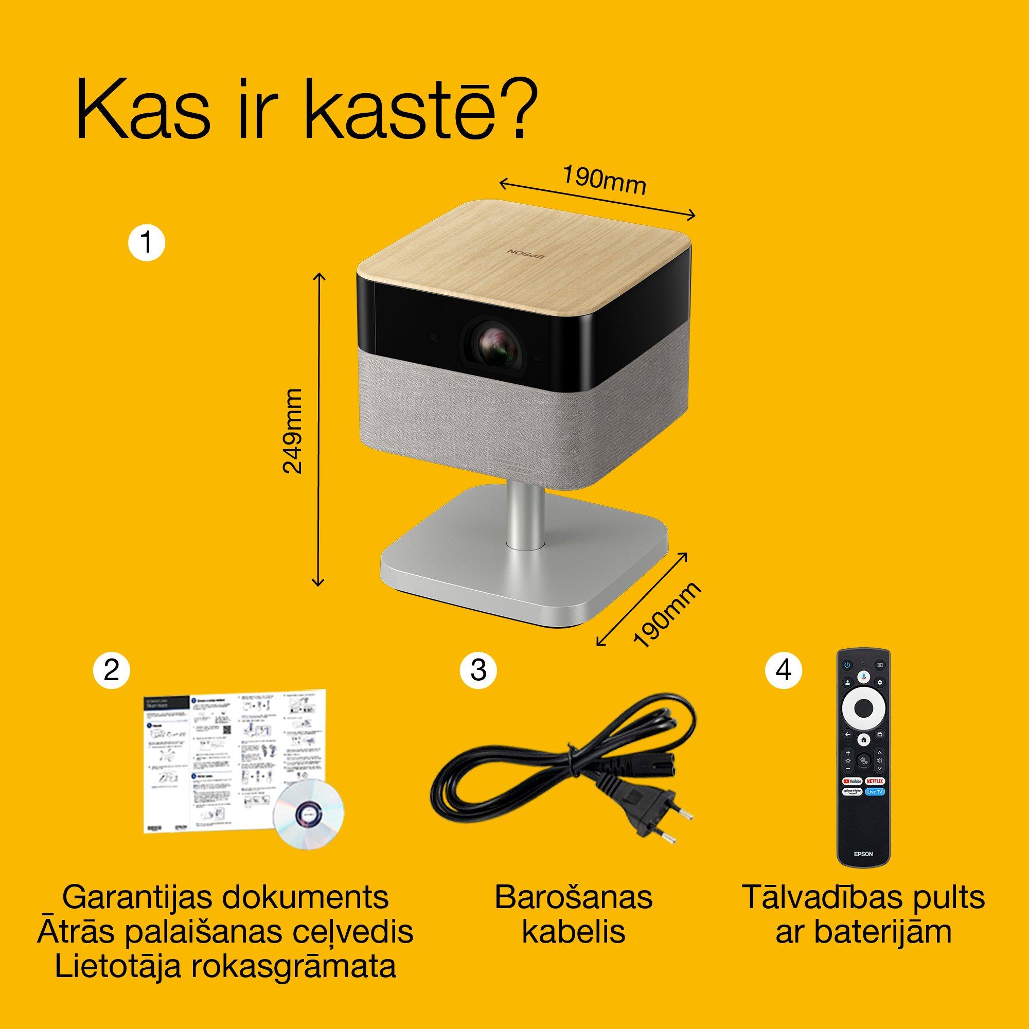 Epson Lifestudio Flex Plus EF-72, 4K PRO-UHD viedais TV projektors, pārnēsājams, 1 000 lūmeni, Sound by Bose, Google TV, 150 collu displejs whats in the box