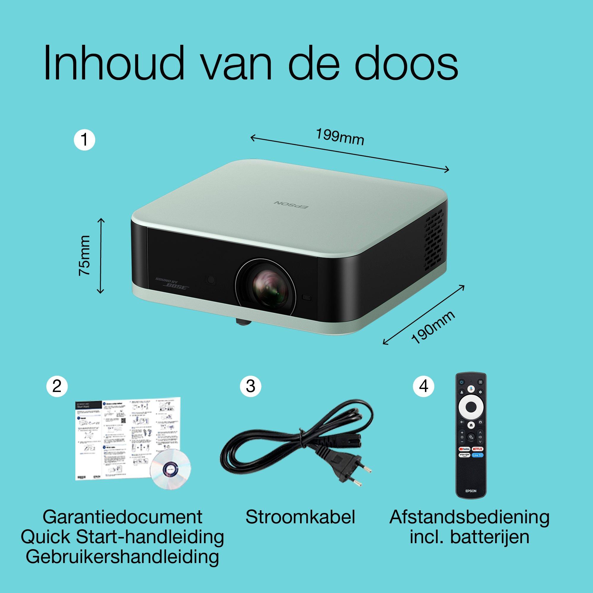 Epson Lifestudio Pop EF-61G IJsgroen, draagbare smart projector, Sound by Bose, Google TV, Full HD, binnen- en buitengebruik, 5 jaar garantie* whats in the box