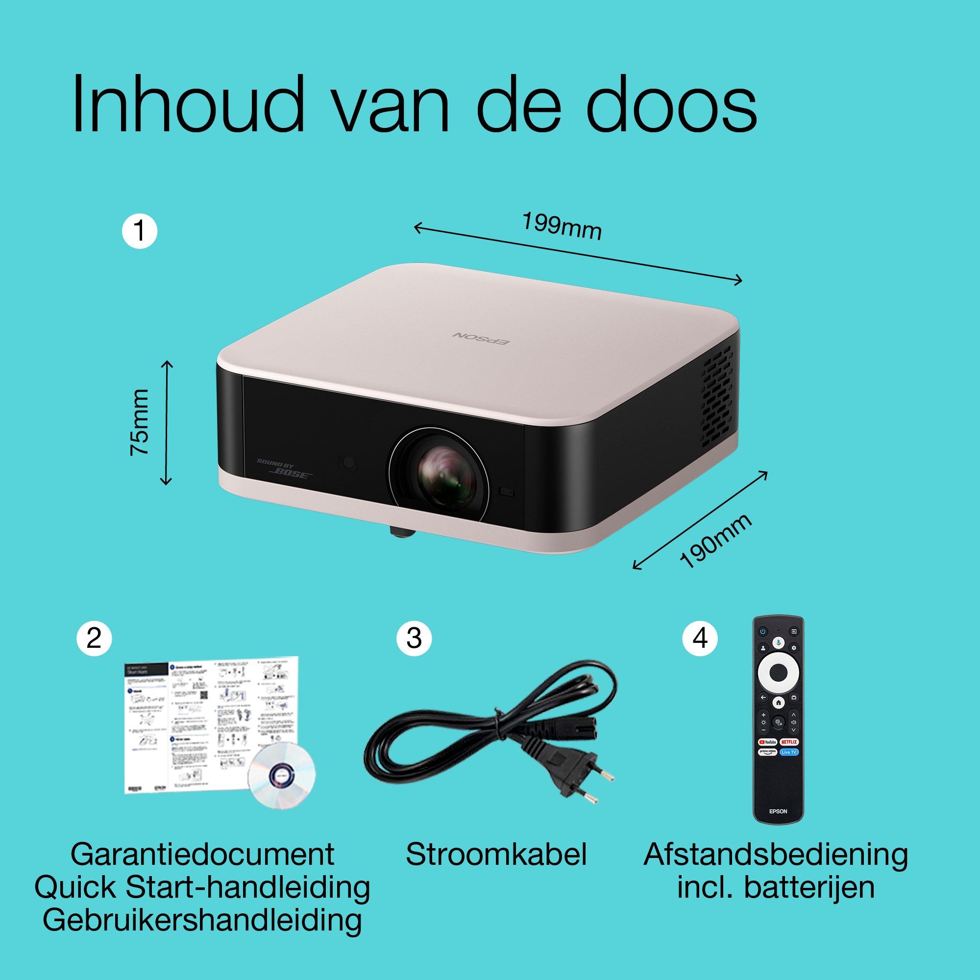 Epson Lifestudio Pop EF-61R Rozenkwarts, draagbare smart projector, Sound by Bose, Google TV, Full HD, binnen- en buitengebruik, 5 jaar garantie* whats in the box