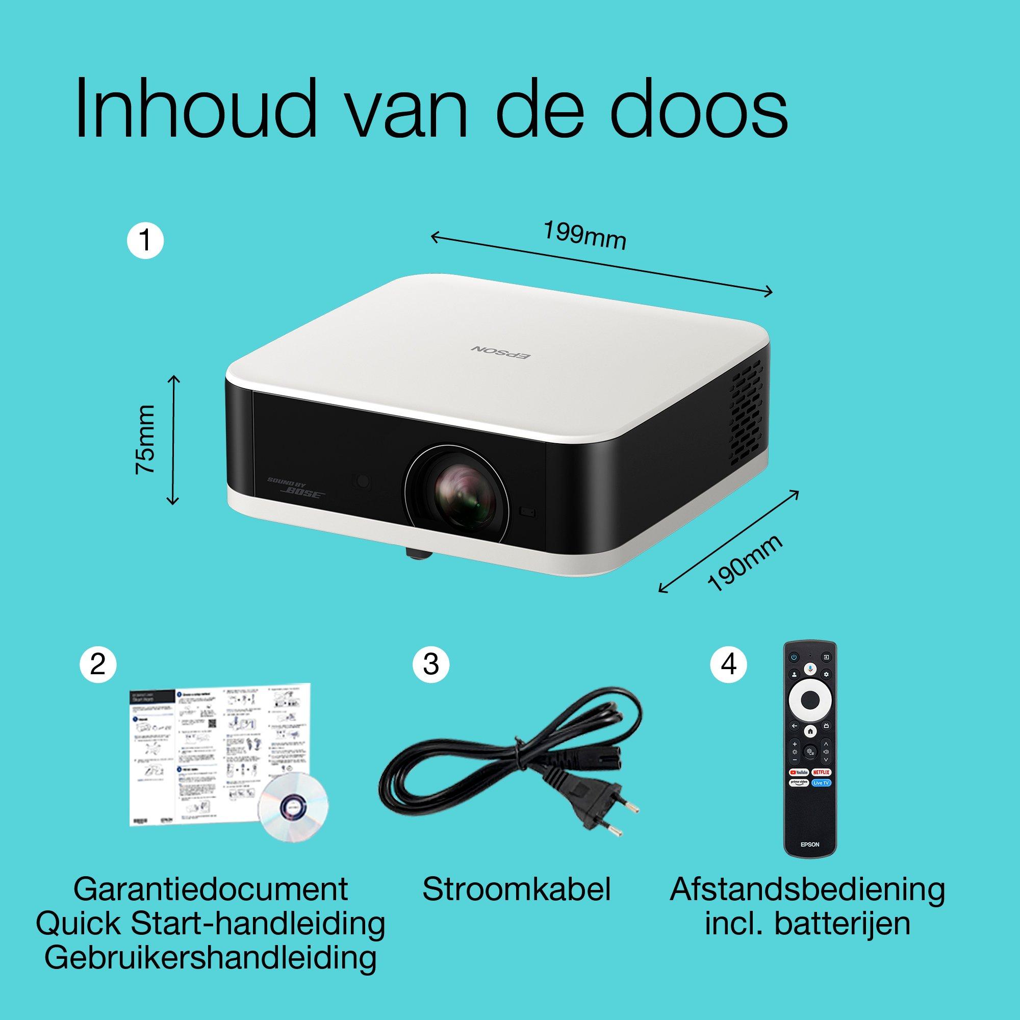 Epson Lifestudio Pop EF-61W Diamantwit, draagbare smart projector, Sound by Bose, Google TV, Full HD, binnen- en buitengebruik, 5 jaar garantie* whats in the box