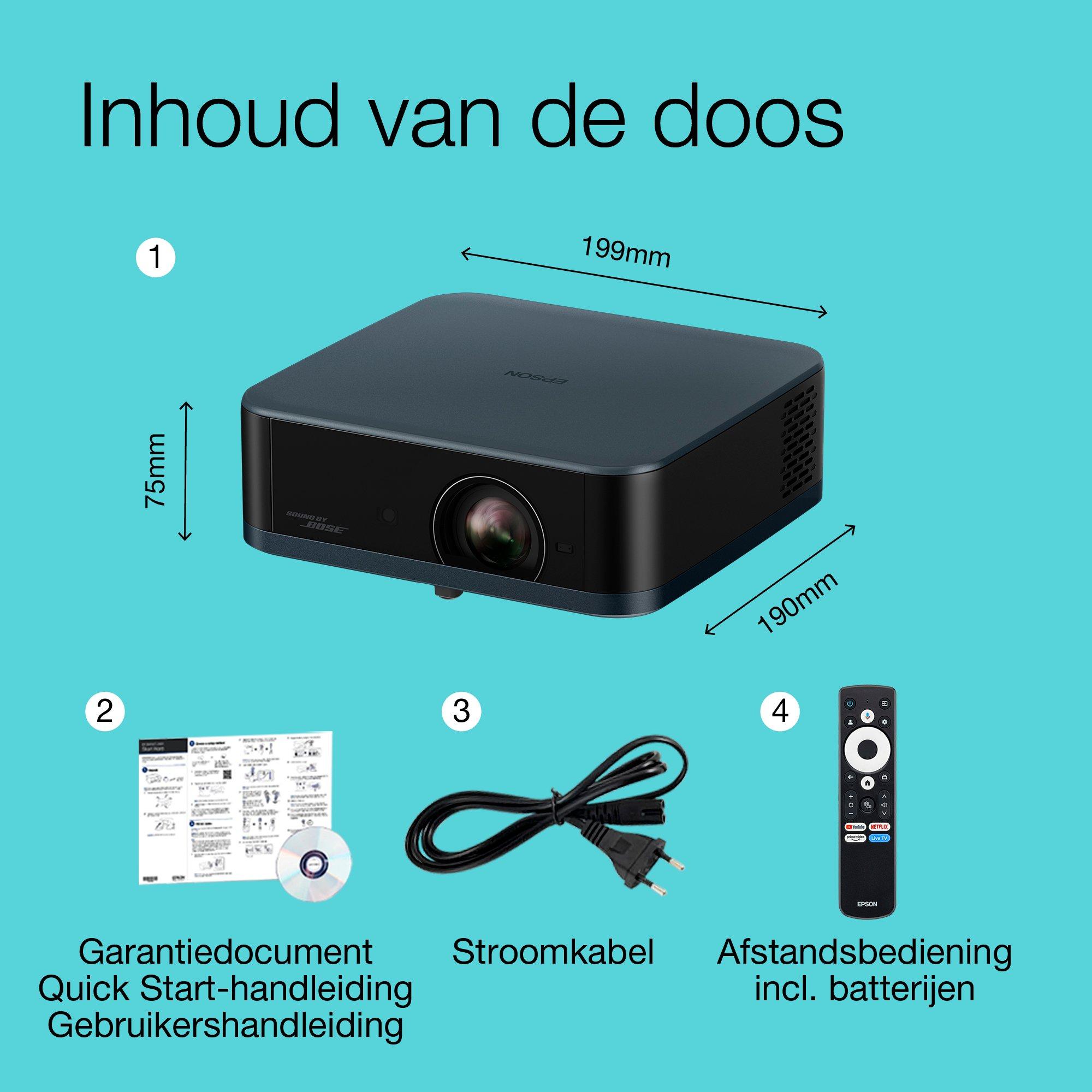 Epson Lifestudio Pop EF-62N, draagbare smart projector, Sound by Bose, Google TV, 4K Pro UHD, binnen- en buitengebruik, 5 jaar garantie* whats in the box