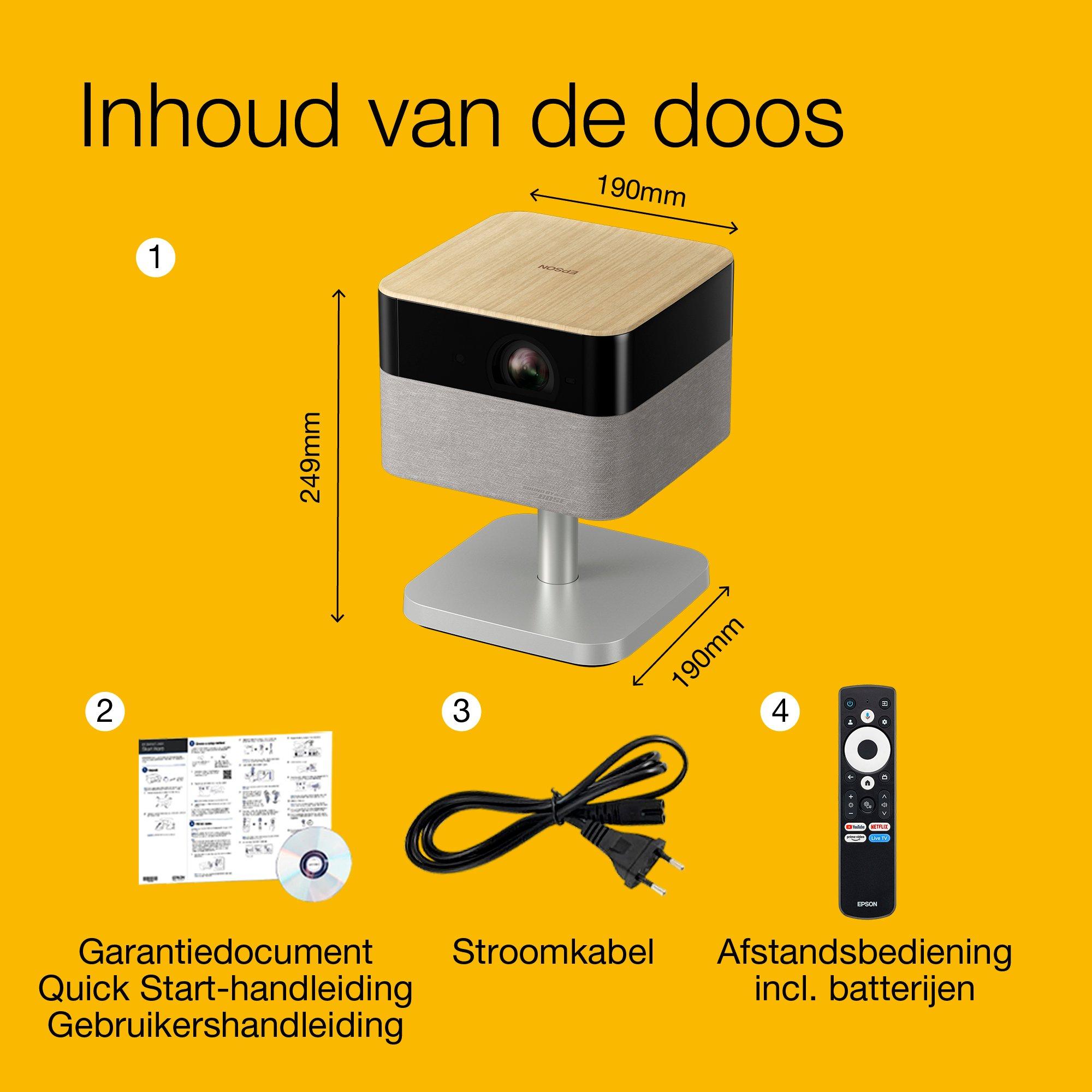 Epson Lifestudio Flex EF-72 Eik, draagbare smart projector, Sound by Bose, Google TV, 4K Pro UHD, LED-zijlampfunctie, verstelbare standaard, binnen- en buitengebruik, 5 jaar garantie* whats in the box