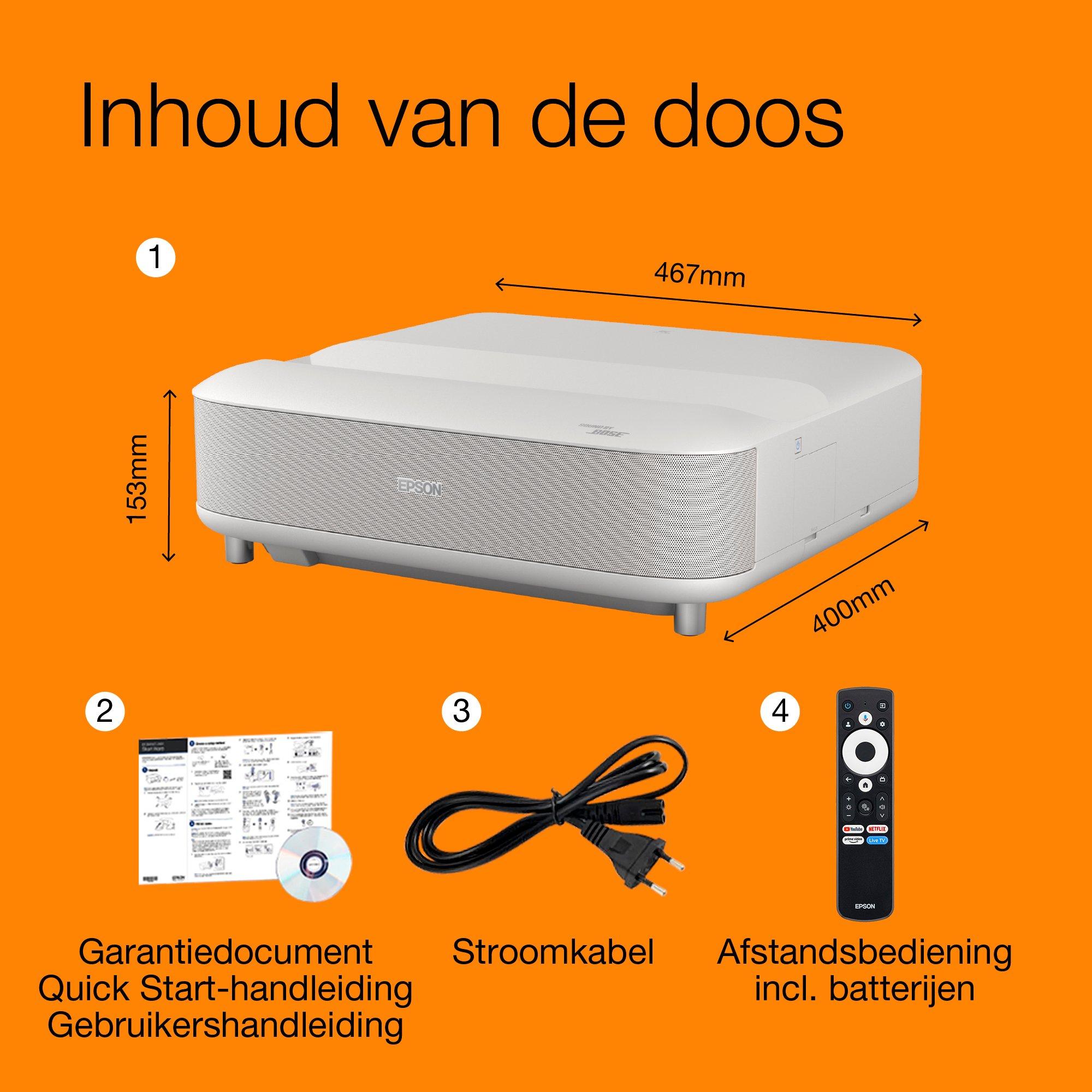 Epson Lifestudio Grand EH-LS670W Diamantwit, slimme laserprojector met ultrakorte projectieafstand, 4K PRO-UHD, geluid van Bose, Google TV, scherm tot 120 inch, 5 jaar garantie* whats in the box