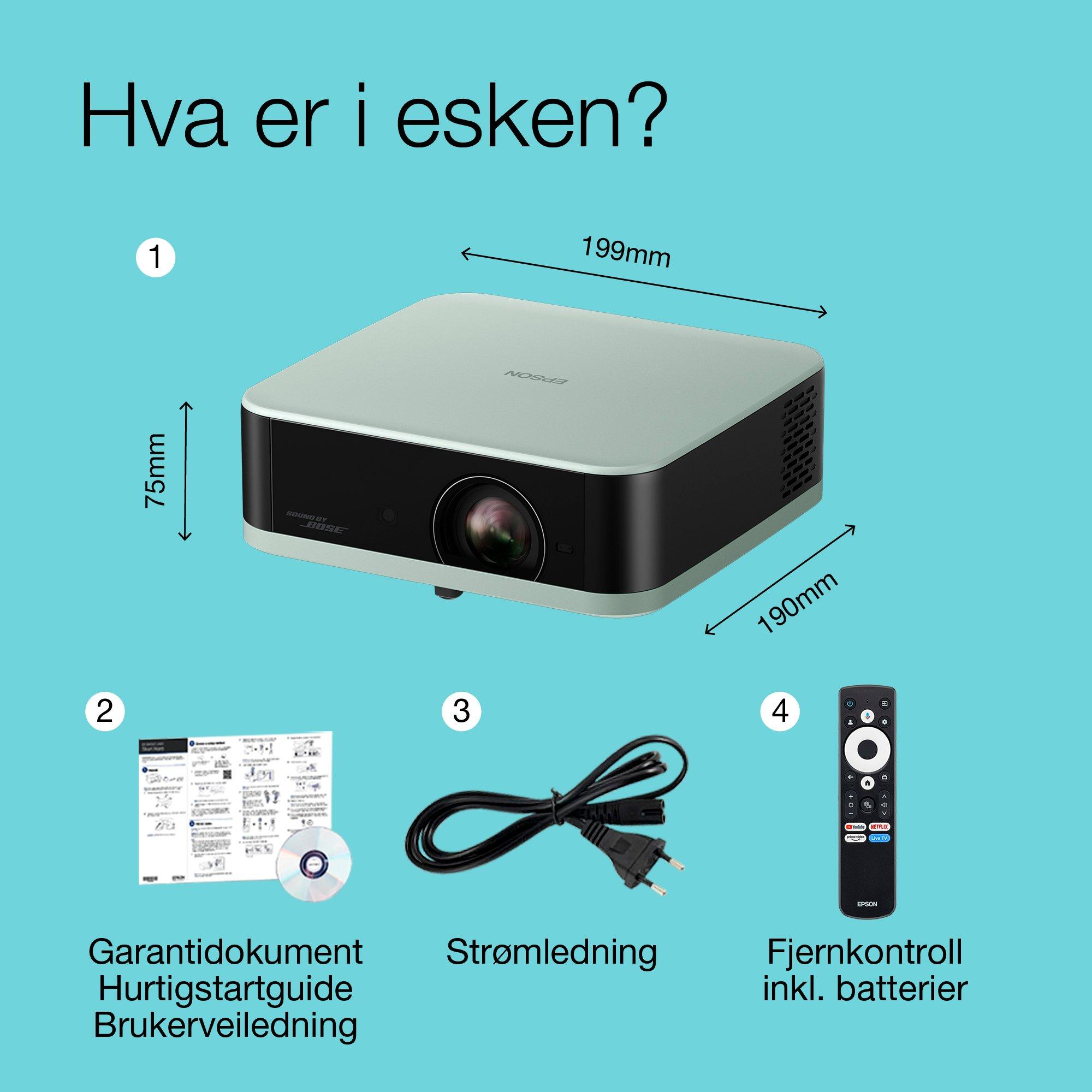Epson Lifestudio Pop EF-61G isgrønn, bærbar smart projektor, Sound by Bose, Google TV, full HD, innendørs/utendørs bruk, 5 års-garanti* whats in the box