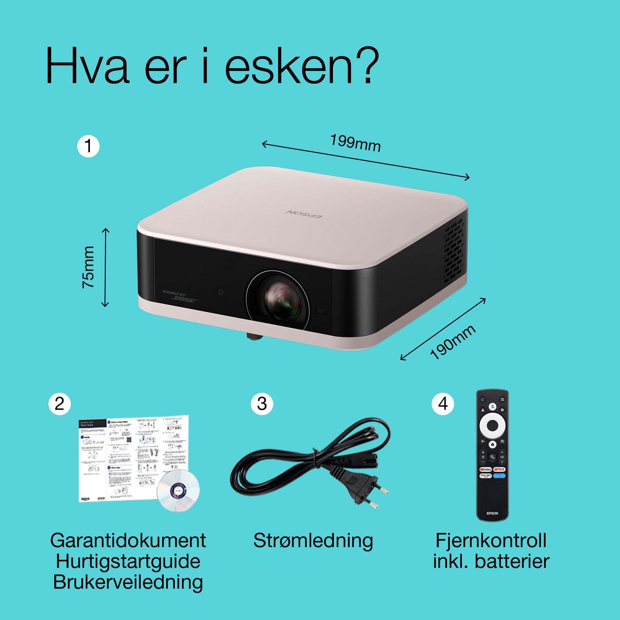 Epson Lifestudio Pop EF-61R rosekvarts, bærbar smart projektor, Sound by Bose, Google TV, full HD, innendørs/utendørs bruk, 5 års-garanti* whats in the box