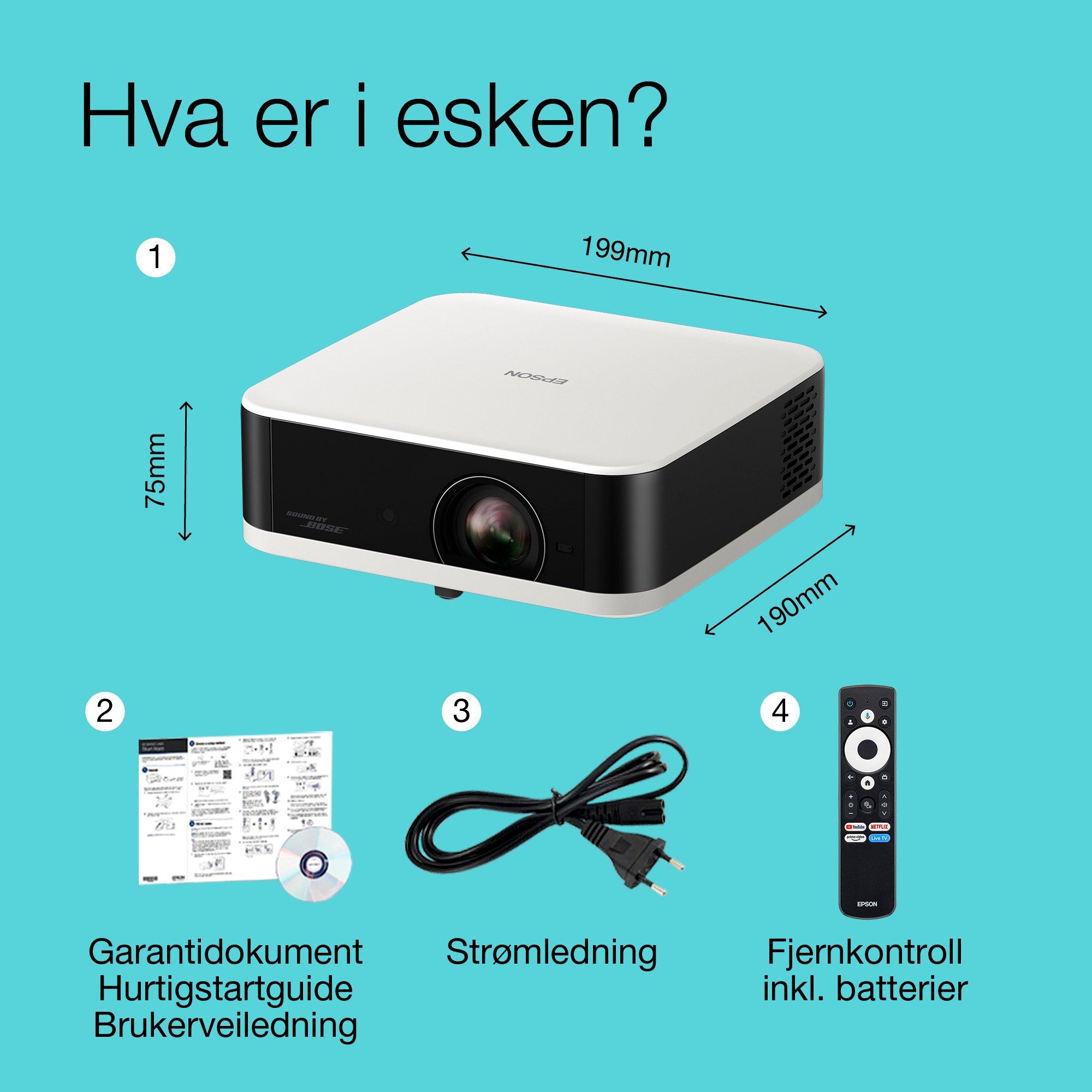 Epson Lifestudio Pop EF-61W Hvit diamant, bærbar smart projektor, Sound by Bose, Google TV, full HD, innendørs/utendørs bruk, 5 års-garanti* whats in the box